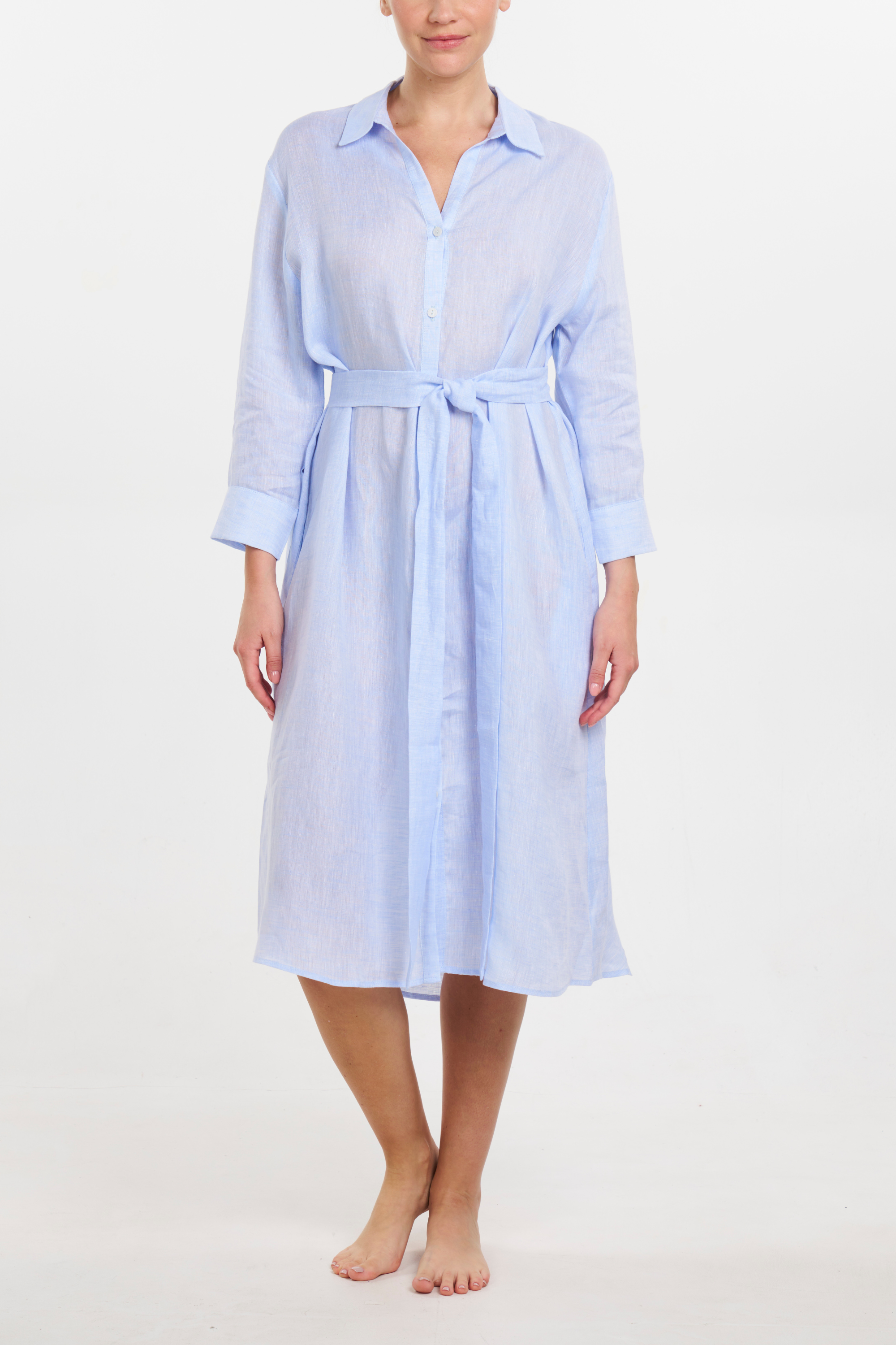 Linen Button Front Dress - Light Blue