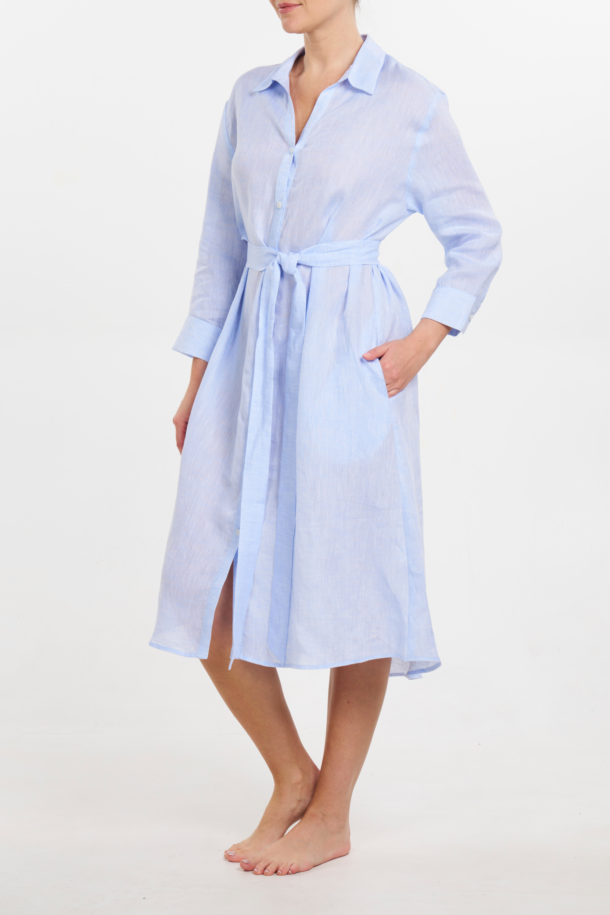Linen Button Front Dress - Light Blue