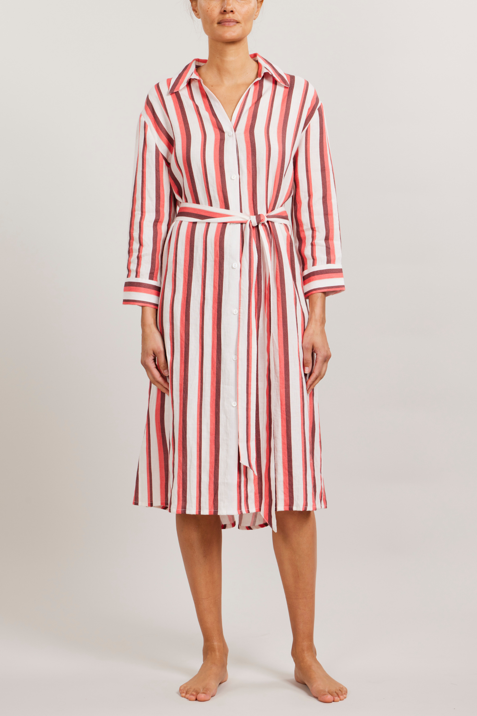 Button Front Dress with Belt - Amore Multi Stripe