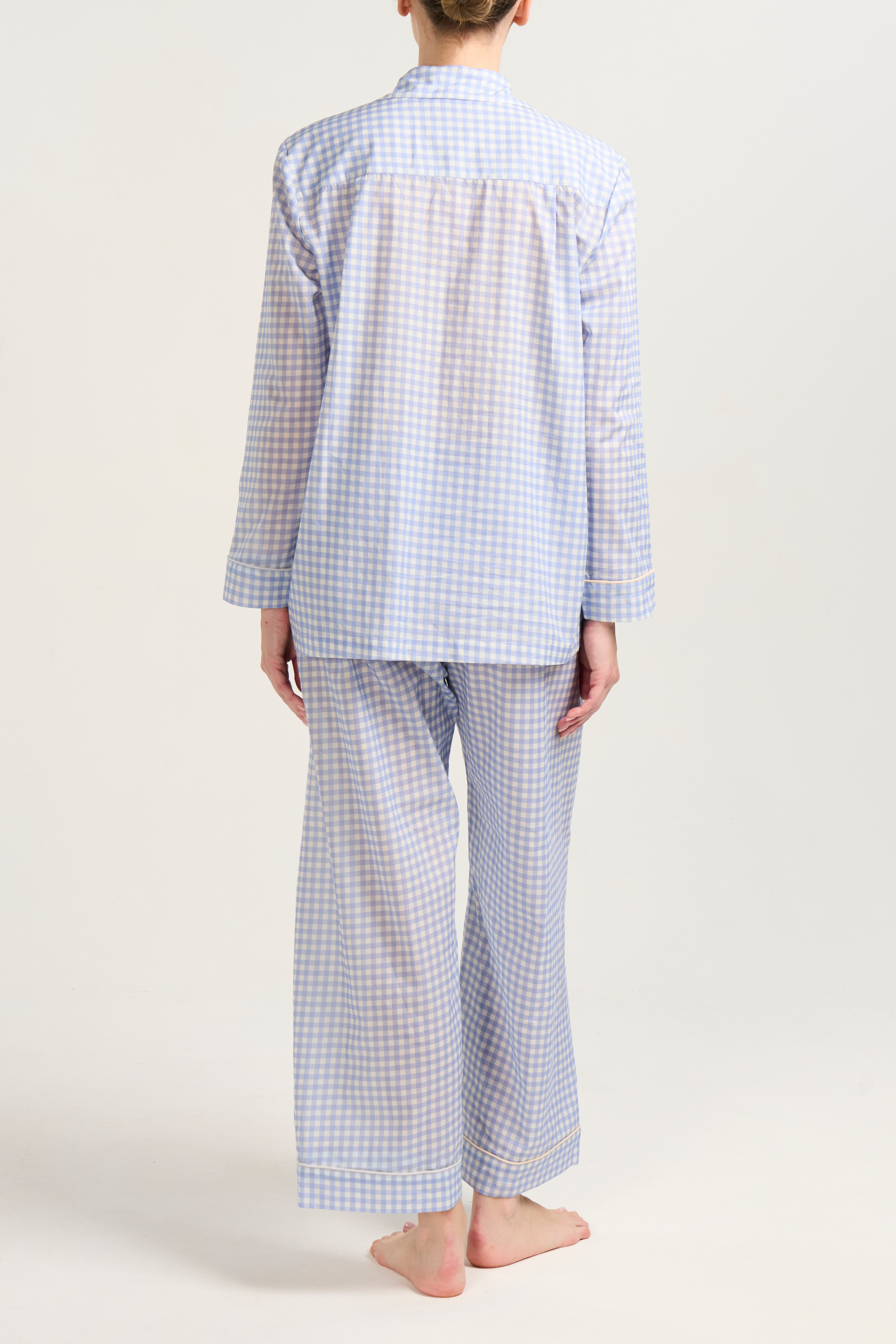 Long Sleeve Pajama Set - Blue Gingham Piped in Cream