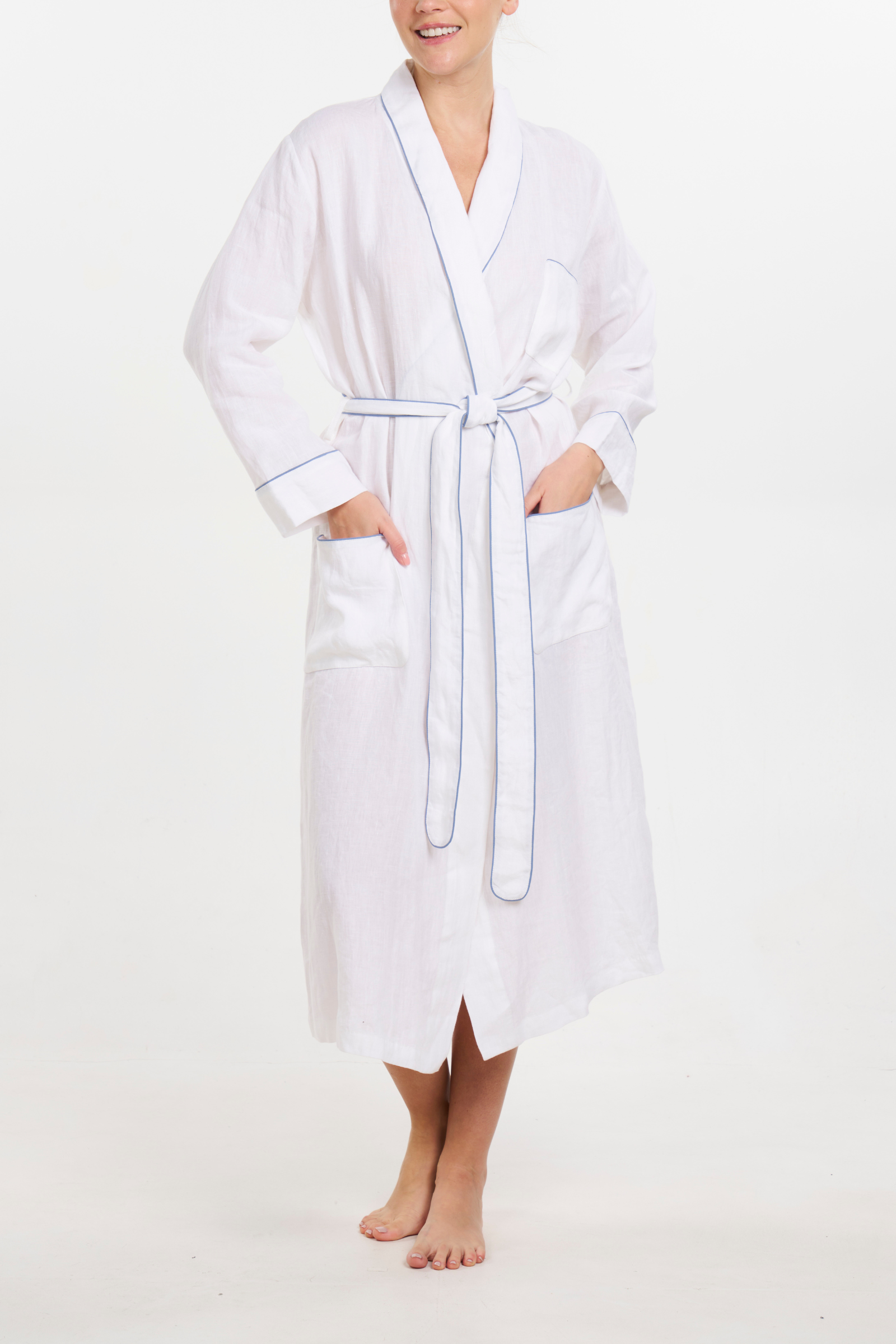 Linen Robe - Piped in Blue