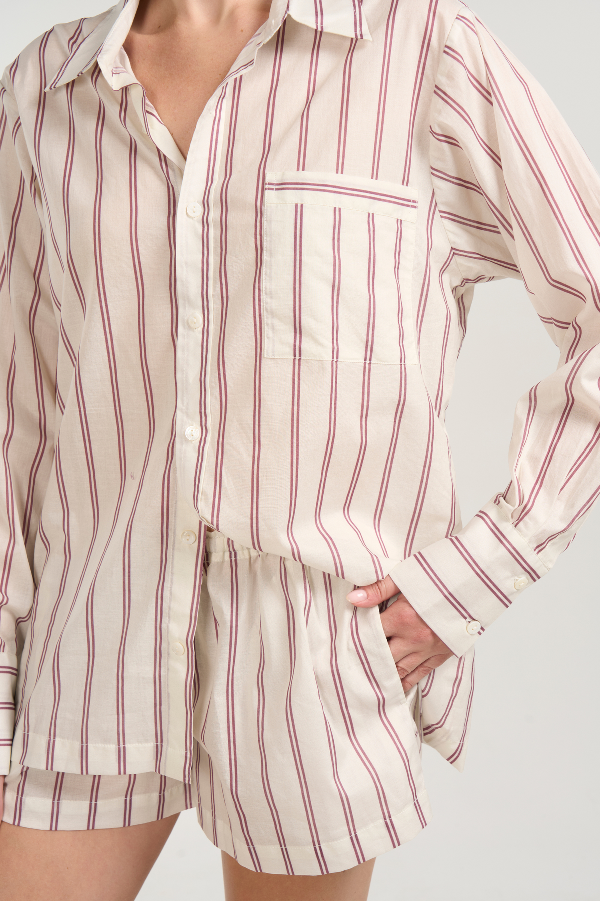 Long Sleeve Short Set - Plum Stripe