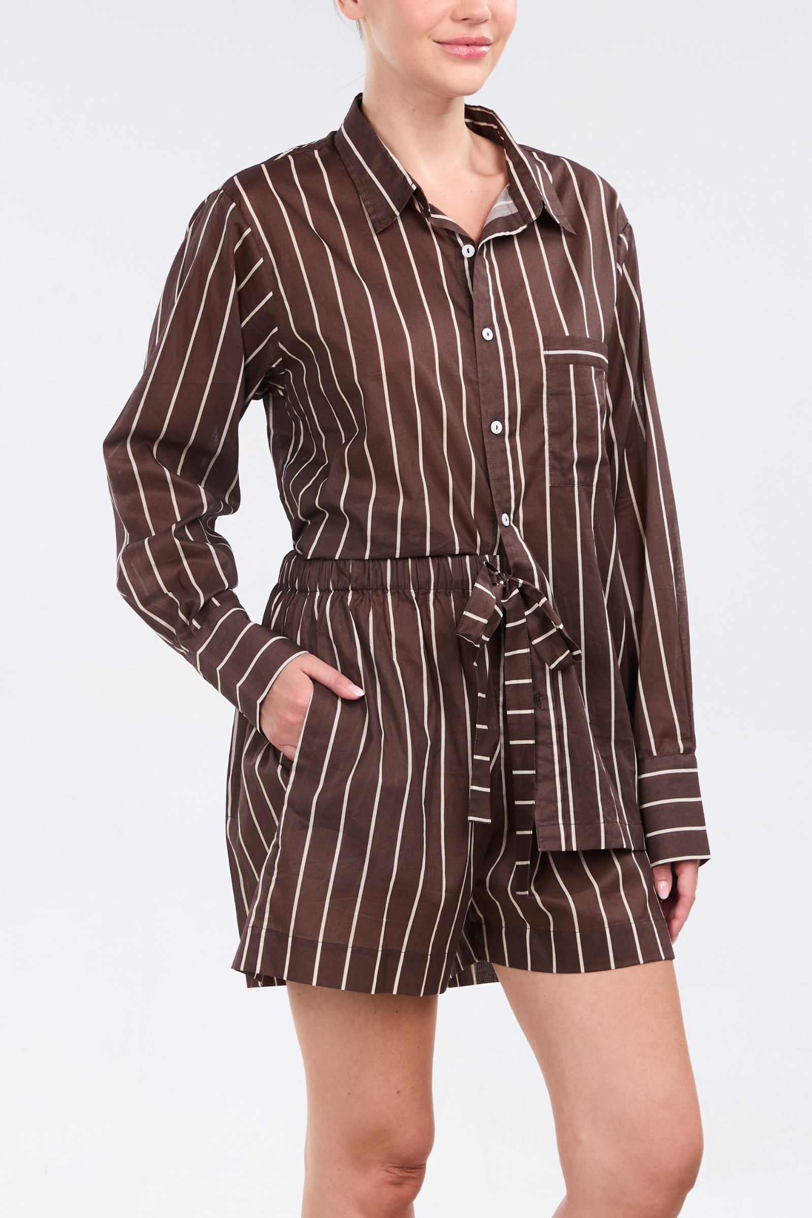 Long Sleeve Short Set - Mocha Stripe