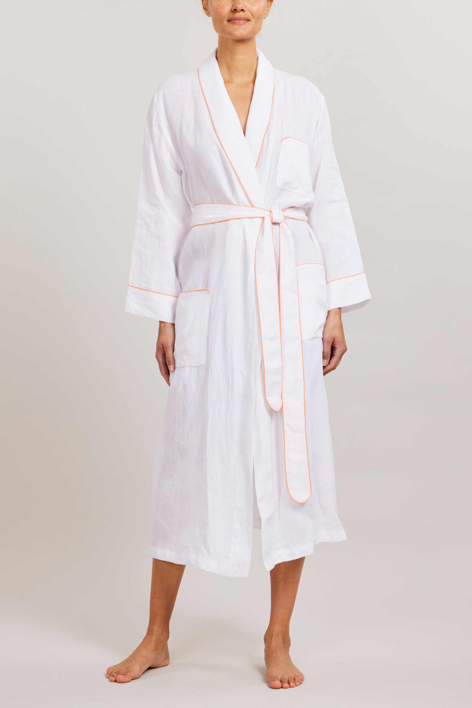 Linen Robe - Piped in Shell Coral