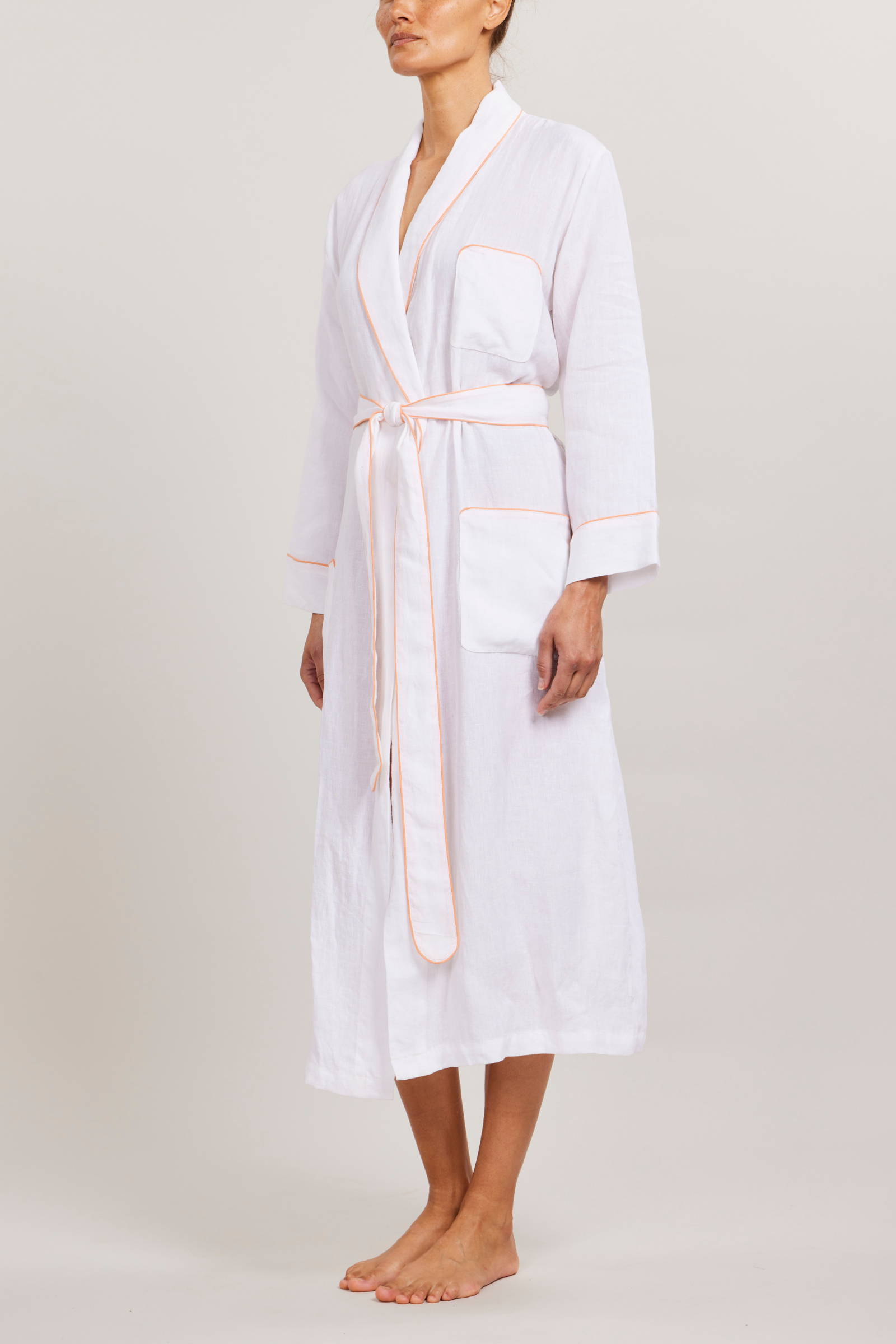 Linen Robe - Piped in Shell Coral