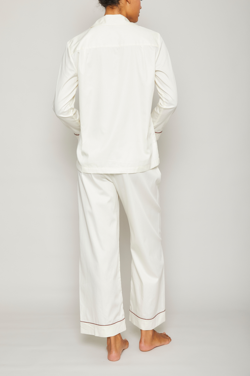 Cotton Sateen Pajama Set with Contrast Piping - Cream/Terra