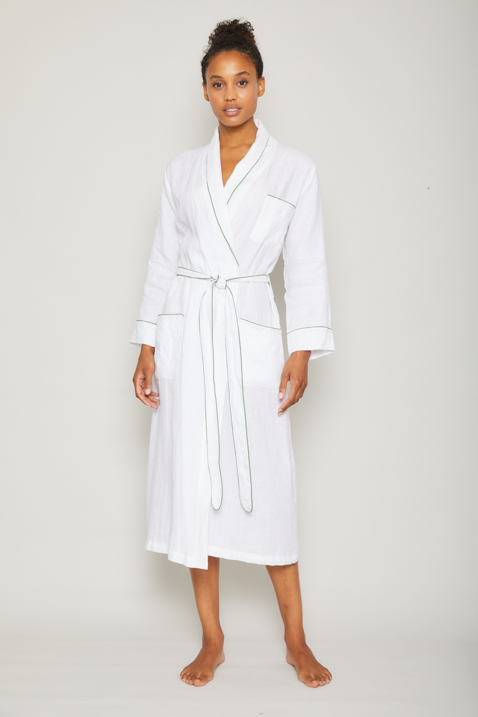Linen Robe - Piped in Basil