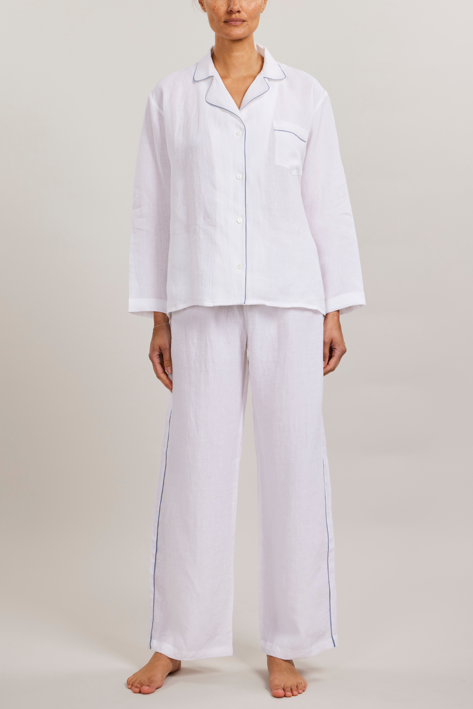 Sport Linen PJ Set - Piped in Blue