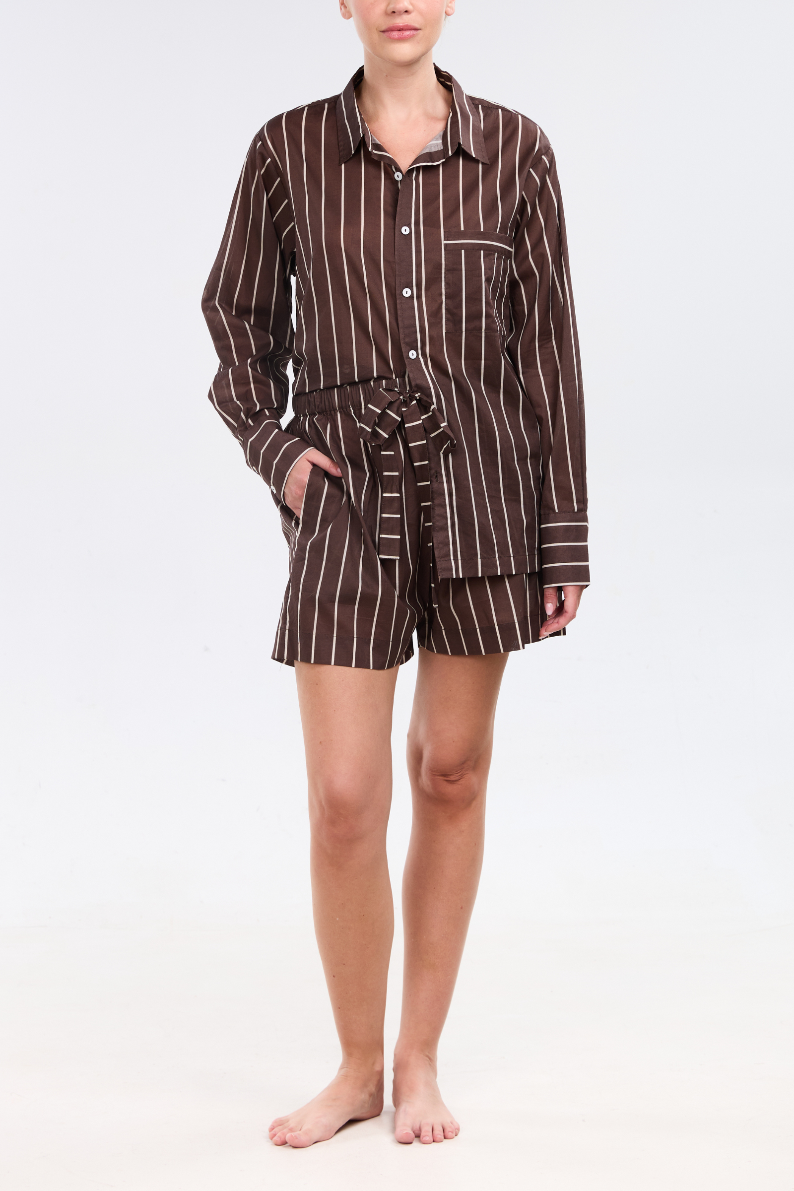 Long Sleeve Short Set - Mocha Stripe