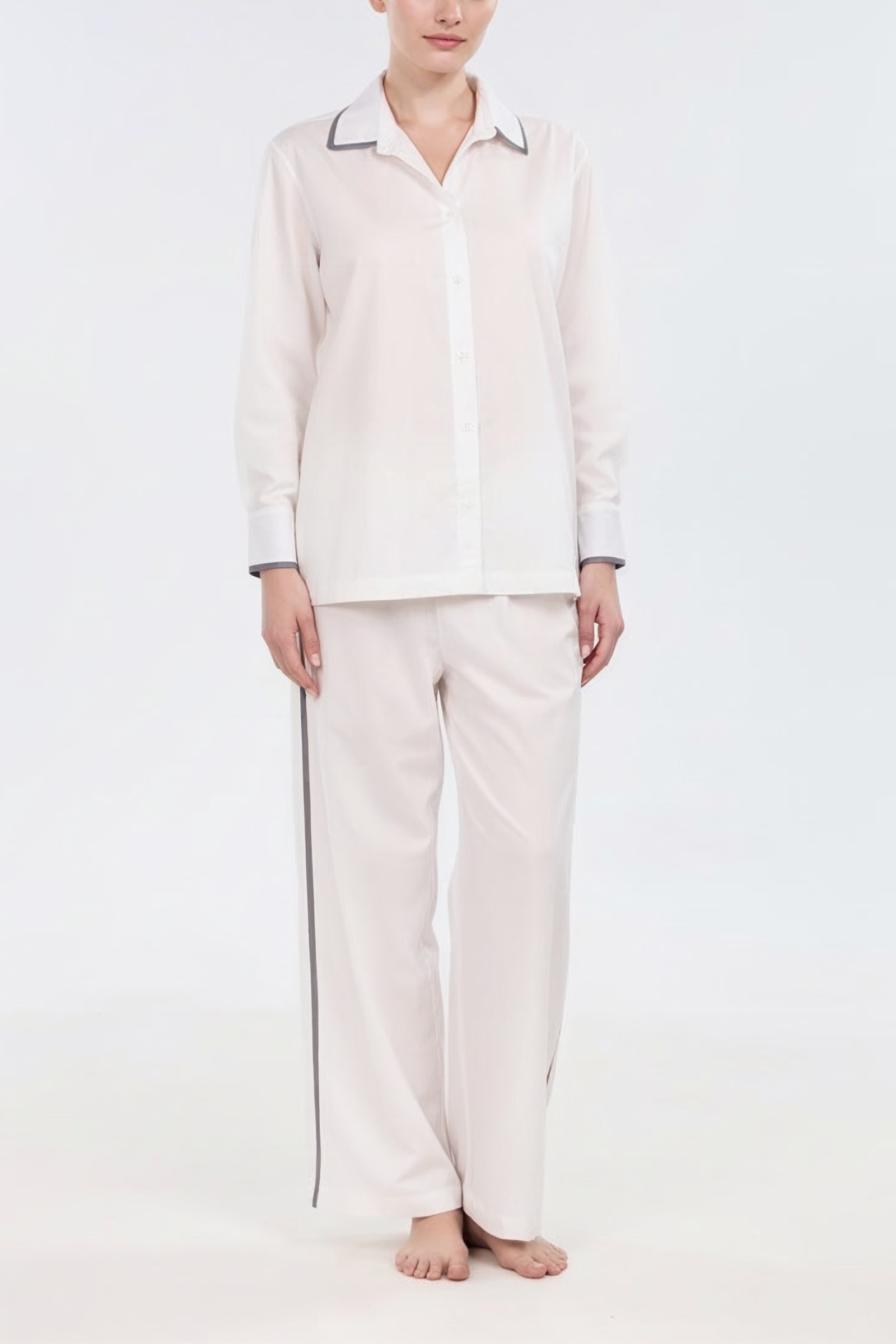 Long Sleeve Pajama Set With Contrast Trim - Silver/Cream