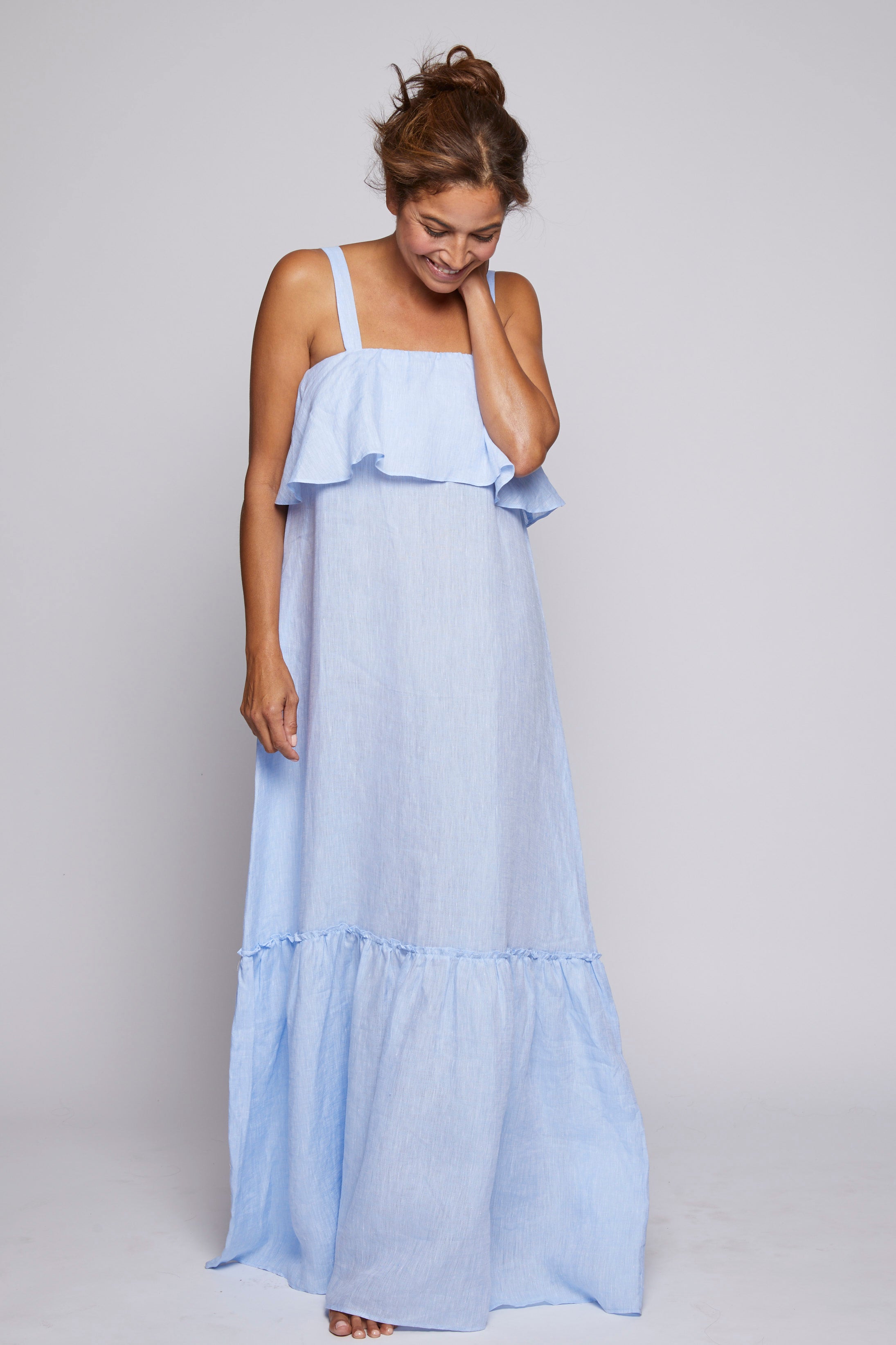 Double Ruffle Linen Dress - Light Blue