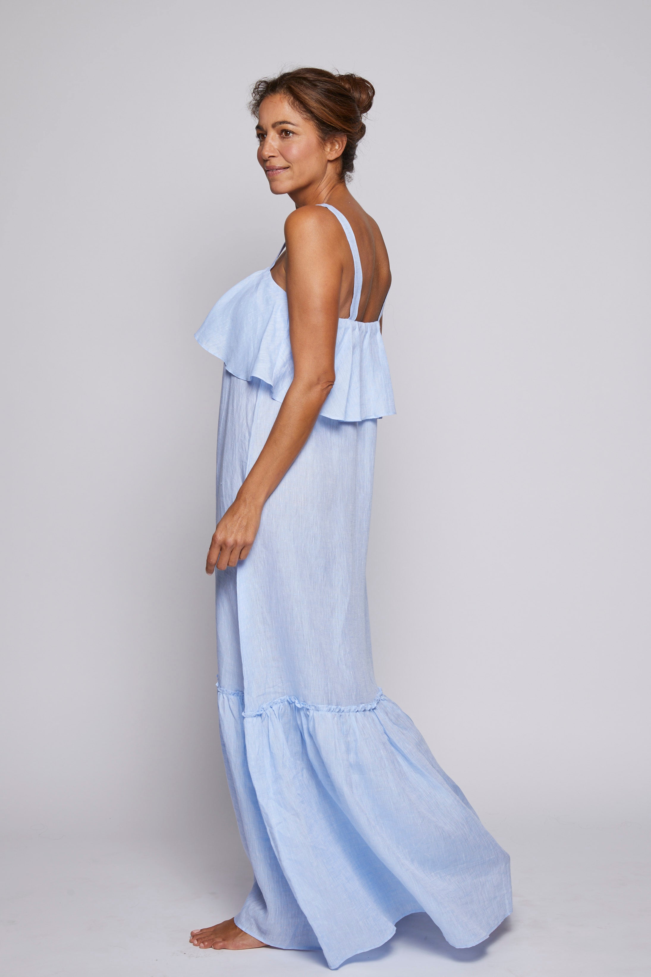 Double Ruffle Linen Dress - Light Blue