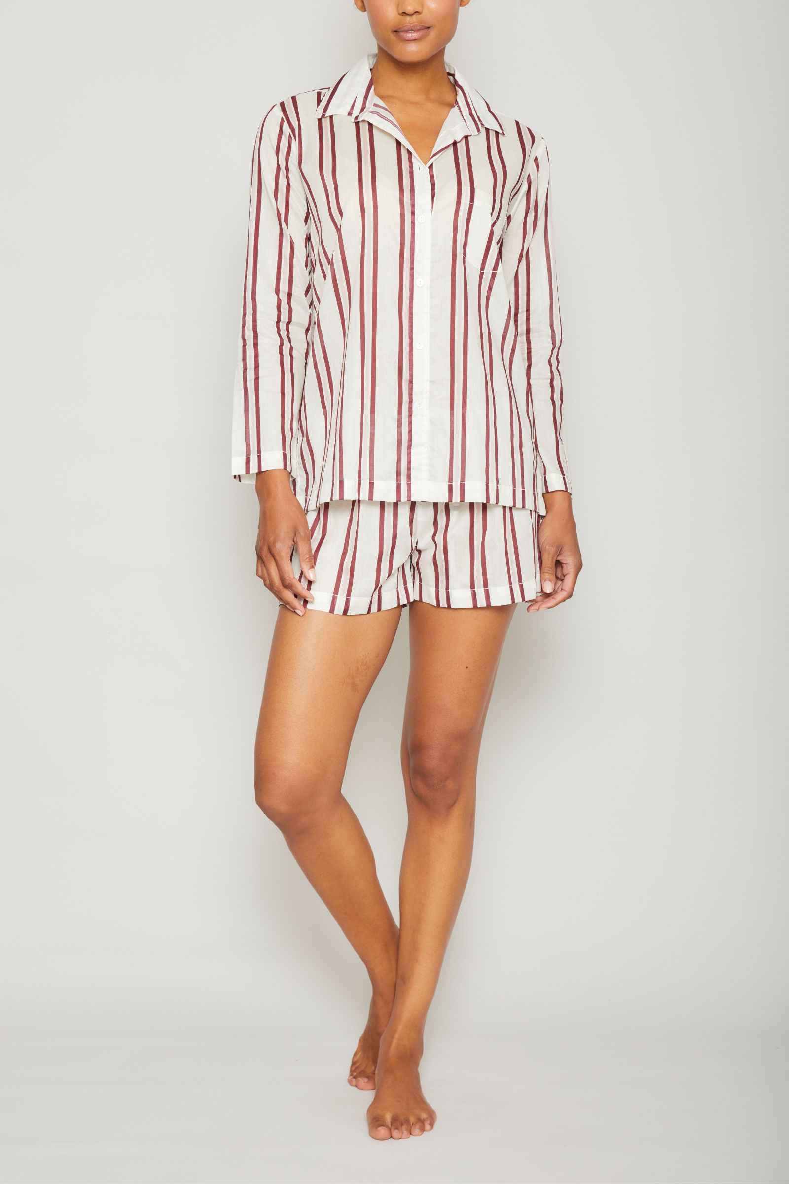 Striped Short Sleeve Crop Pant Pajama Set - Pink / Amber