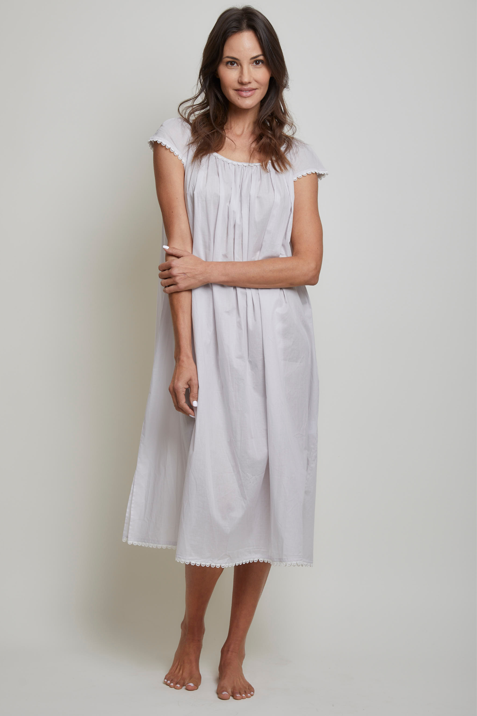 Long Cotton Nightgown with Flower Trim-Grey