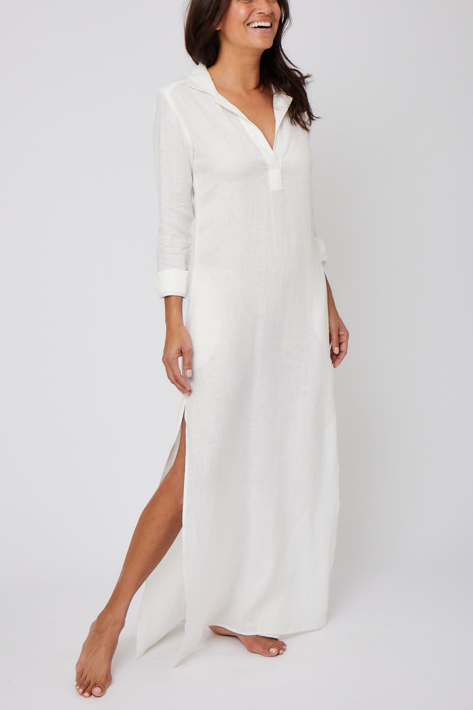 Long Linen Shirt Dress - Cream