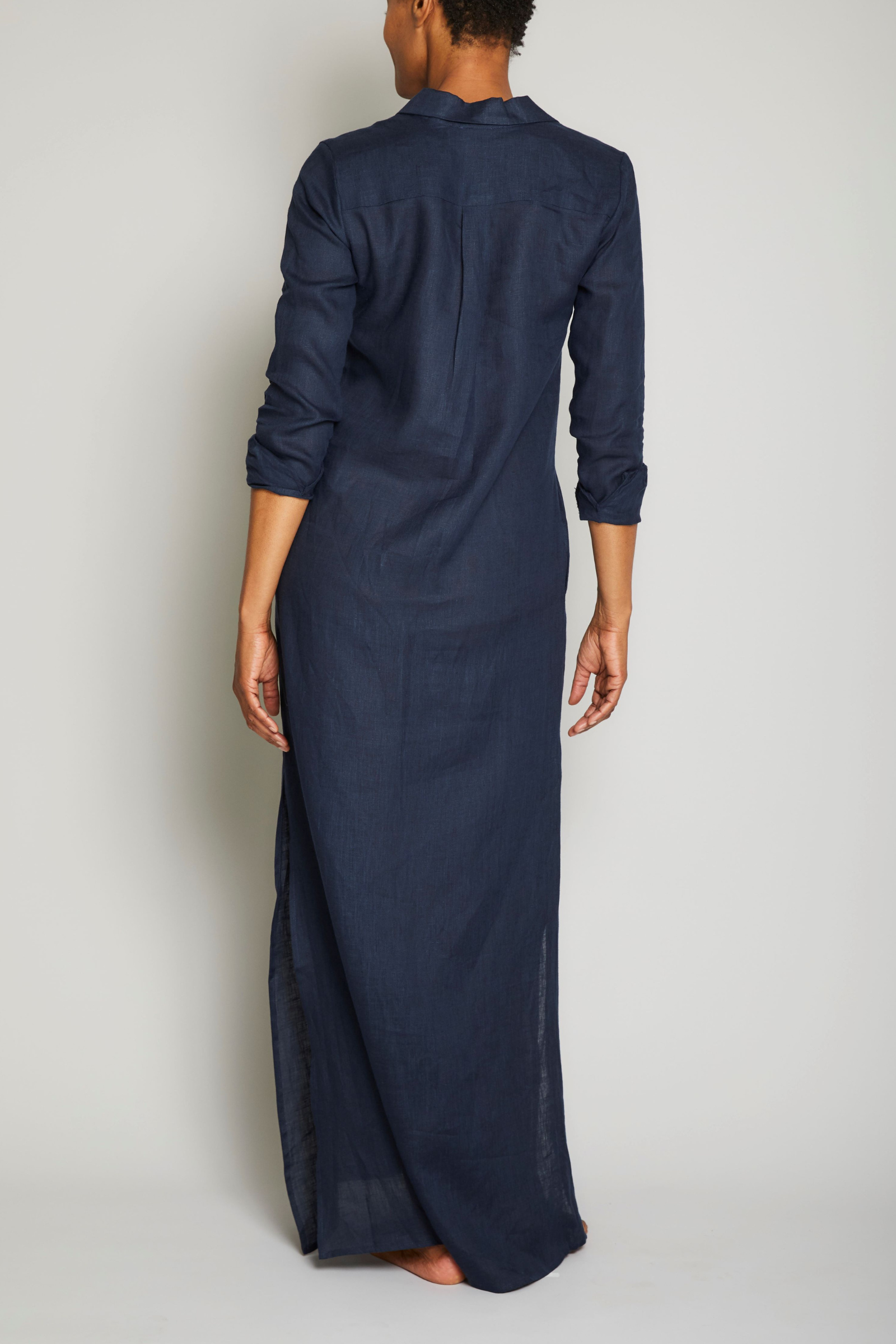 Long Linen Shirt Dress - Navy