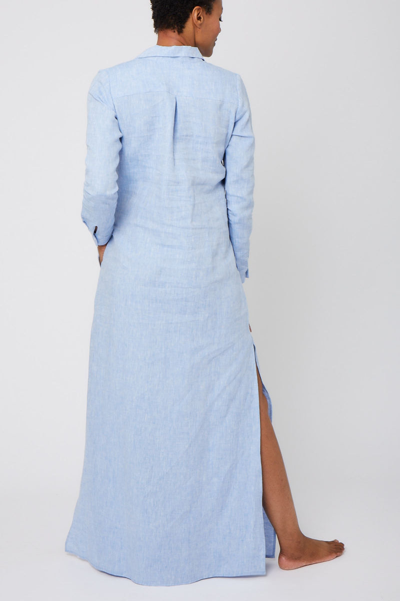 Long Linen Shirt Dress - Light Blue