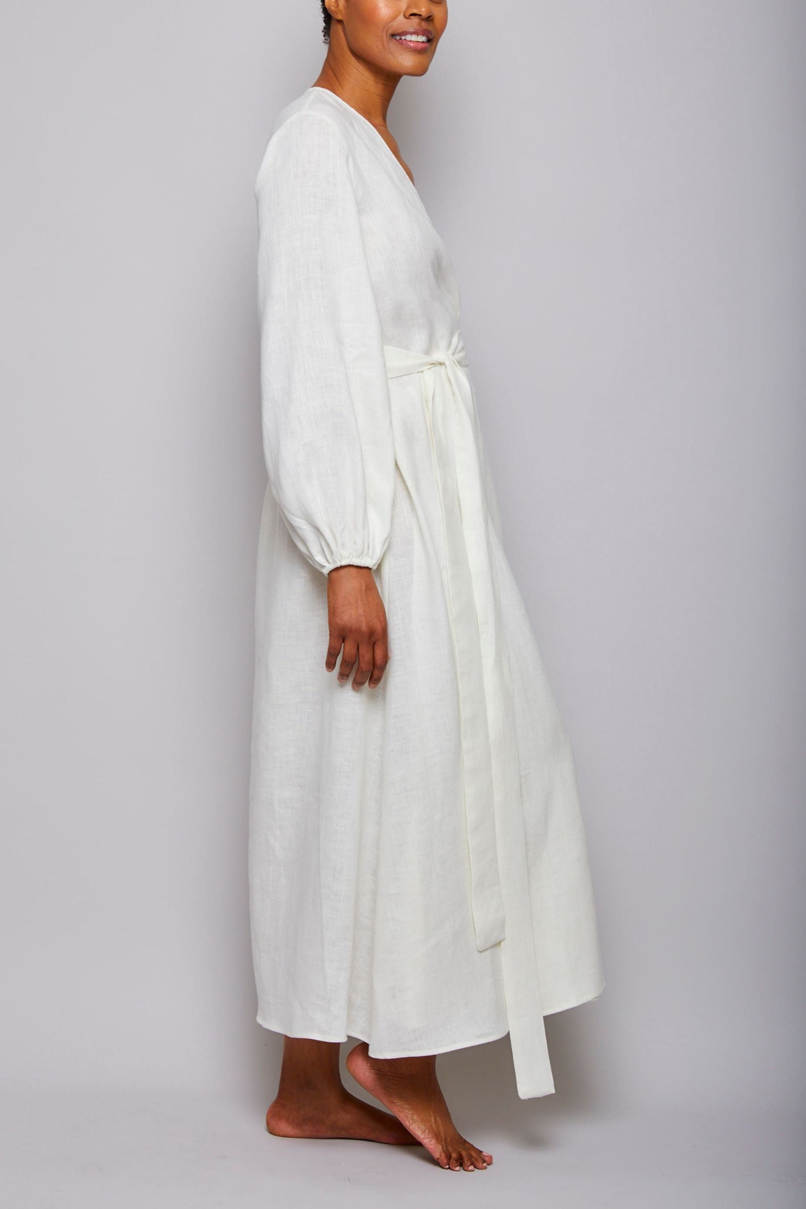 Long Linen Wrap Dress - Cream