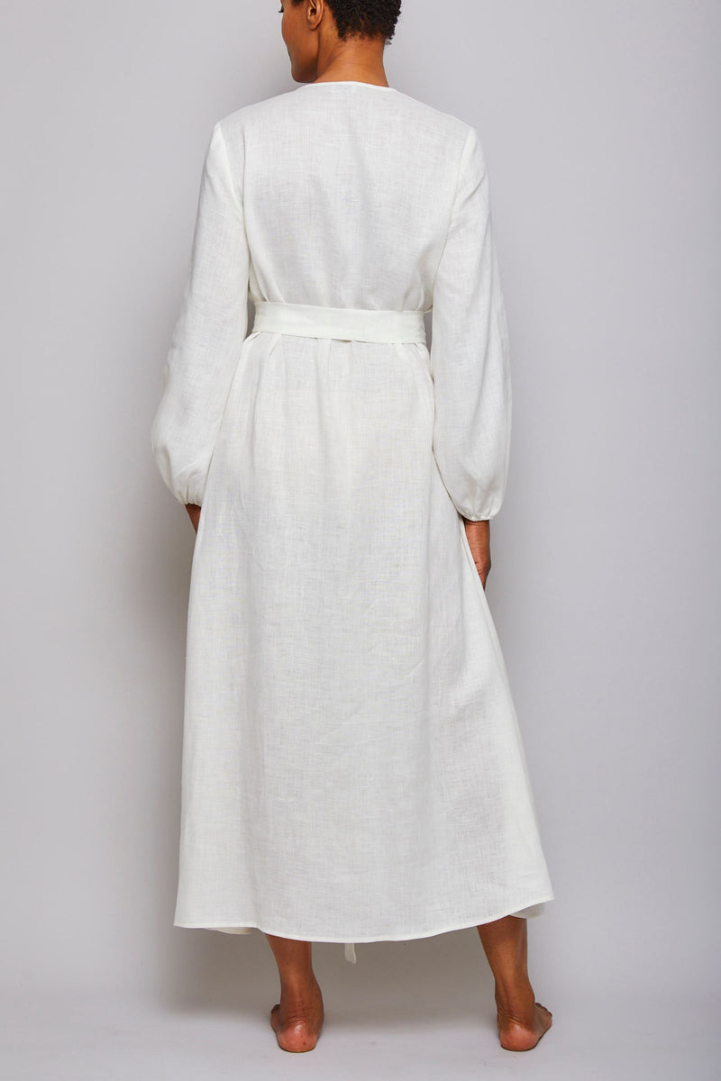 Long Linen Wrap Dress - Cream