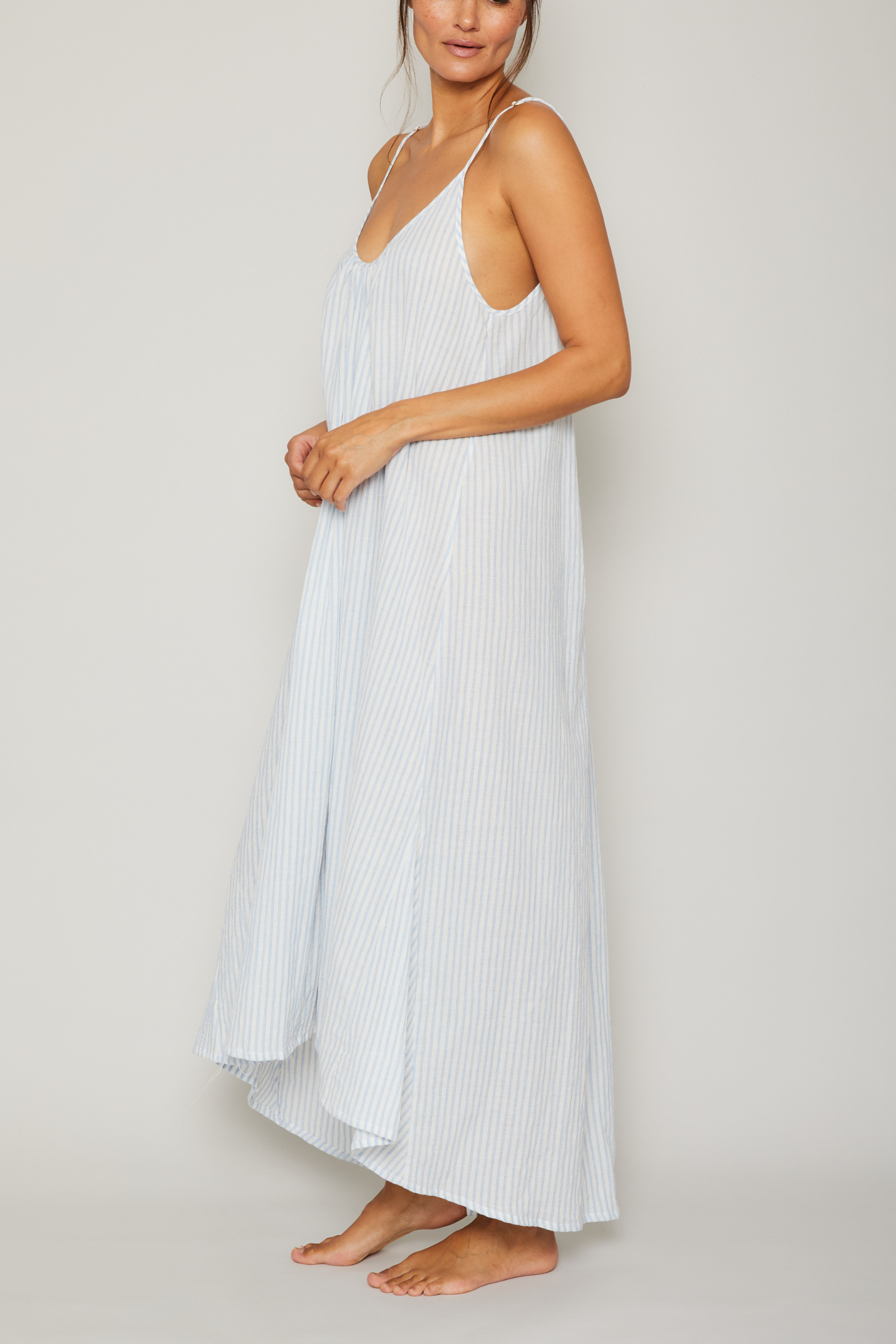 Organic Japanese Cotton High Low Dress - Blue Stripe