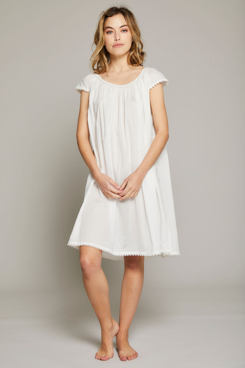 Cotton Nightgown with Flower Trim - White