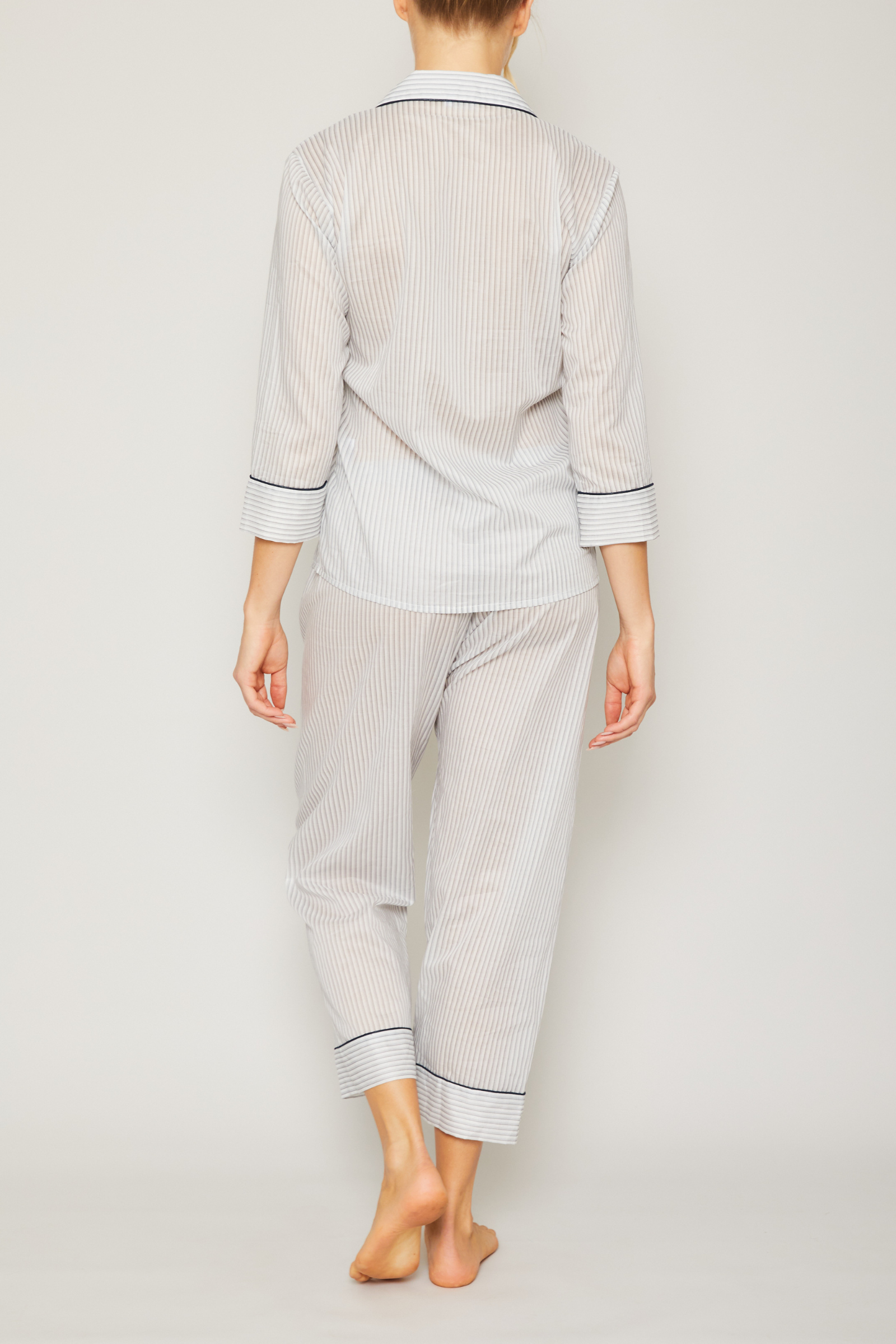 3/4 Sleeve Crop Pant Pajama Set with Piping - Grey/Navy