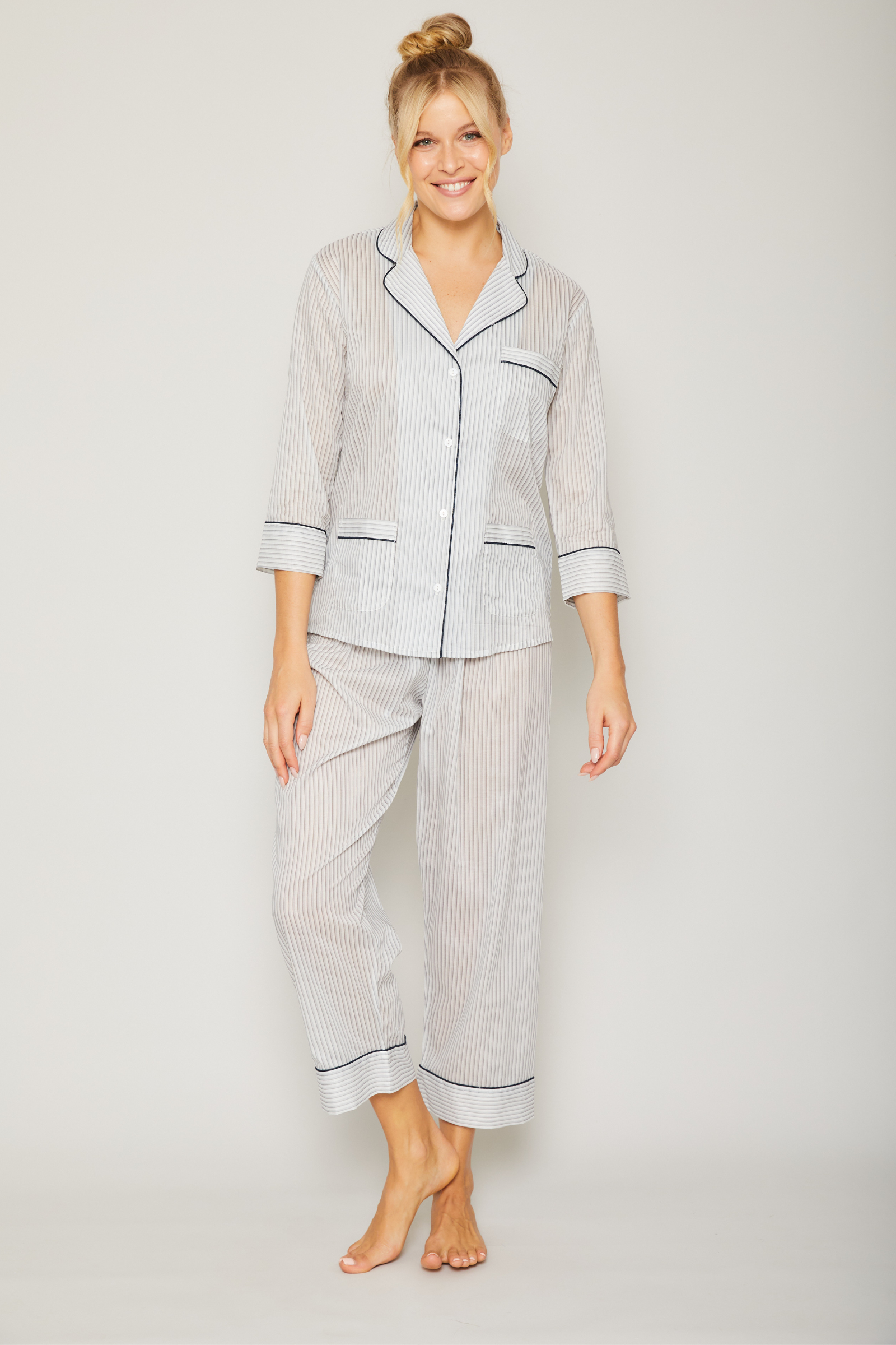3/4 Sleeve Crop Pant Pajama Set with Piping - Grey/Navy