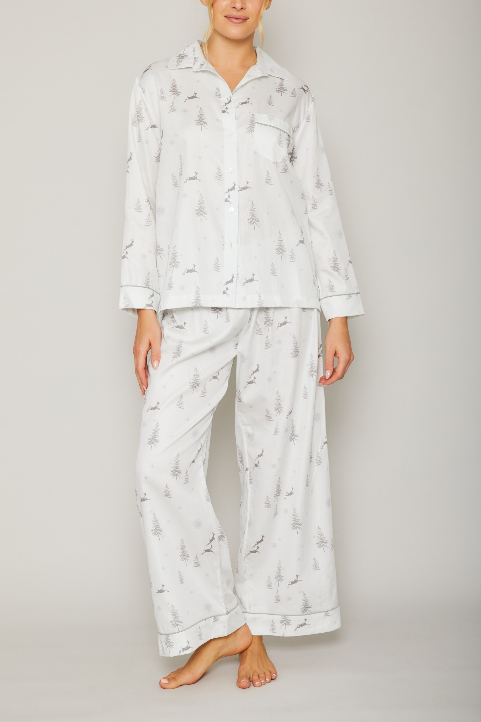 Cotton Sateen Pajama Set in Reindeer Piped in Grey