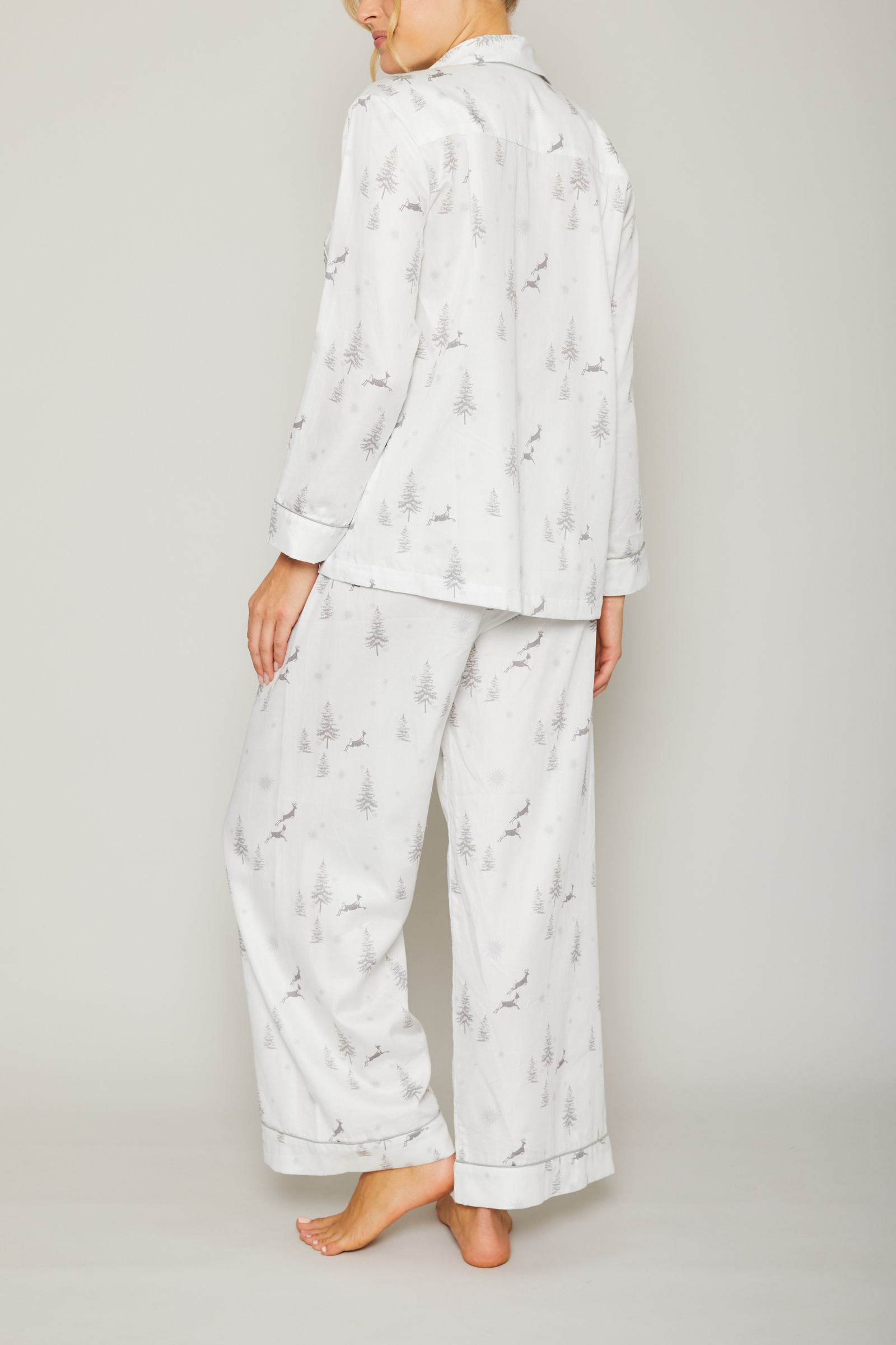 Cotton Sateen Pajama Set in Reindeer Piped in Grey