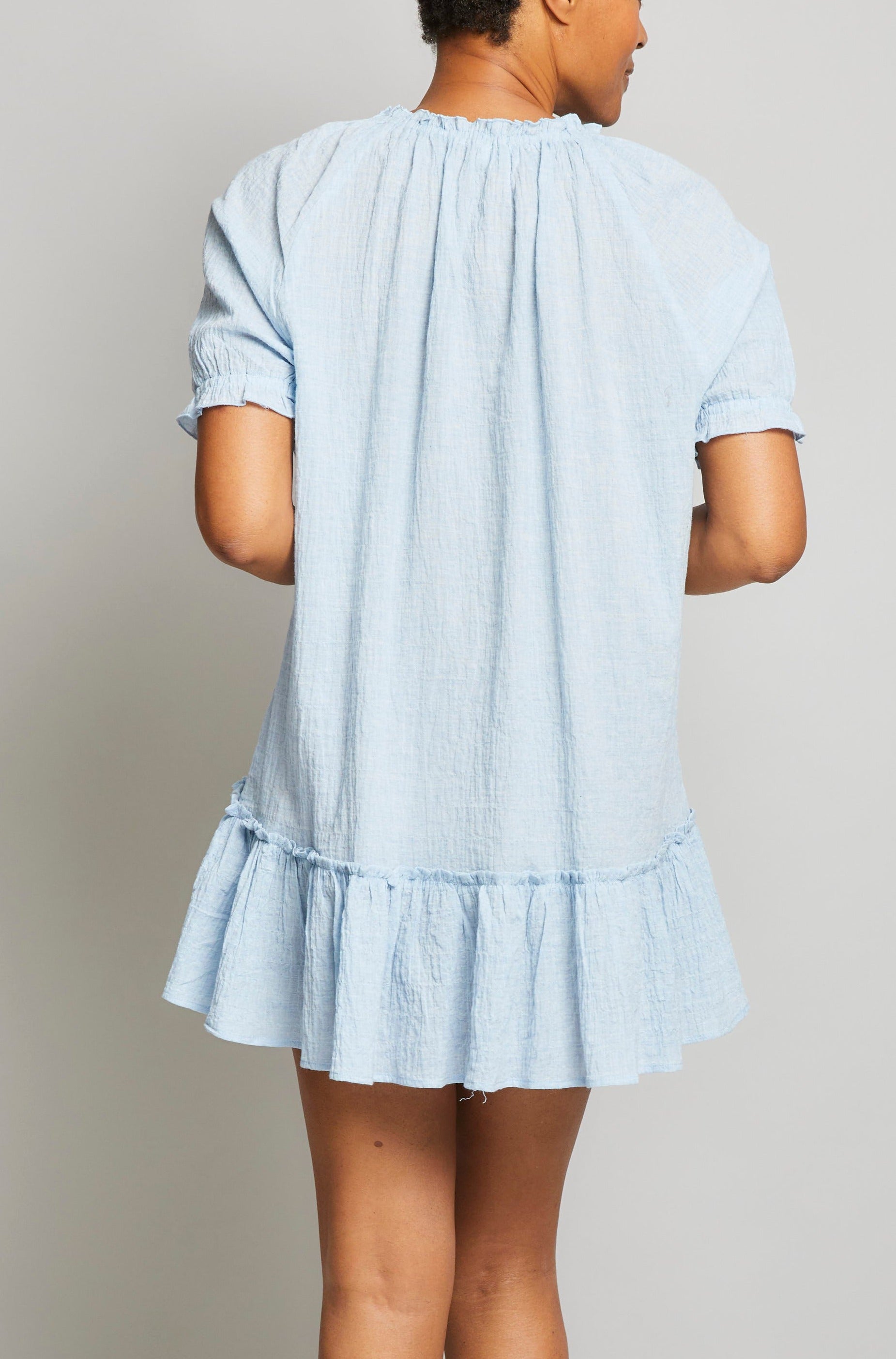 Organic Japanese Cotton Ruffled Neck / Sleeve Nightie - Light Blue