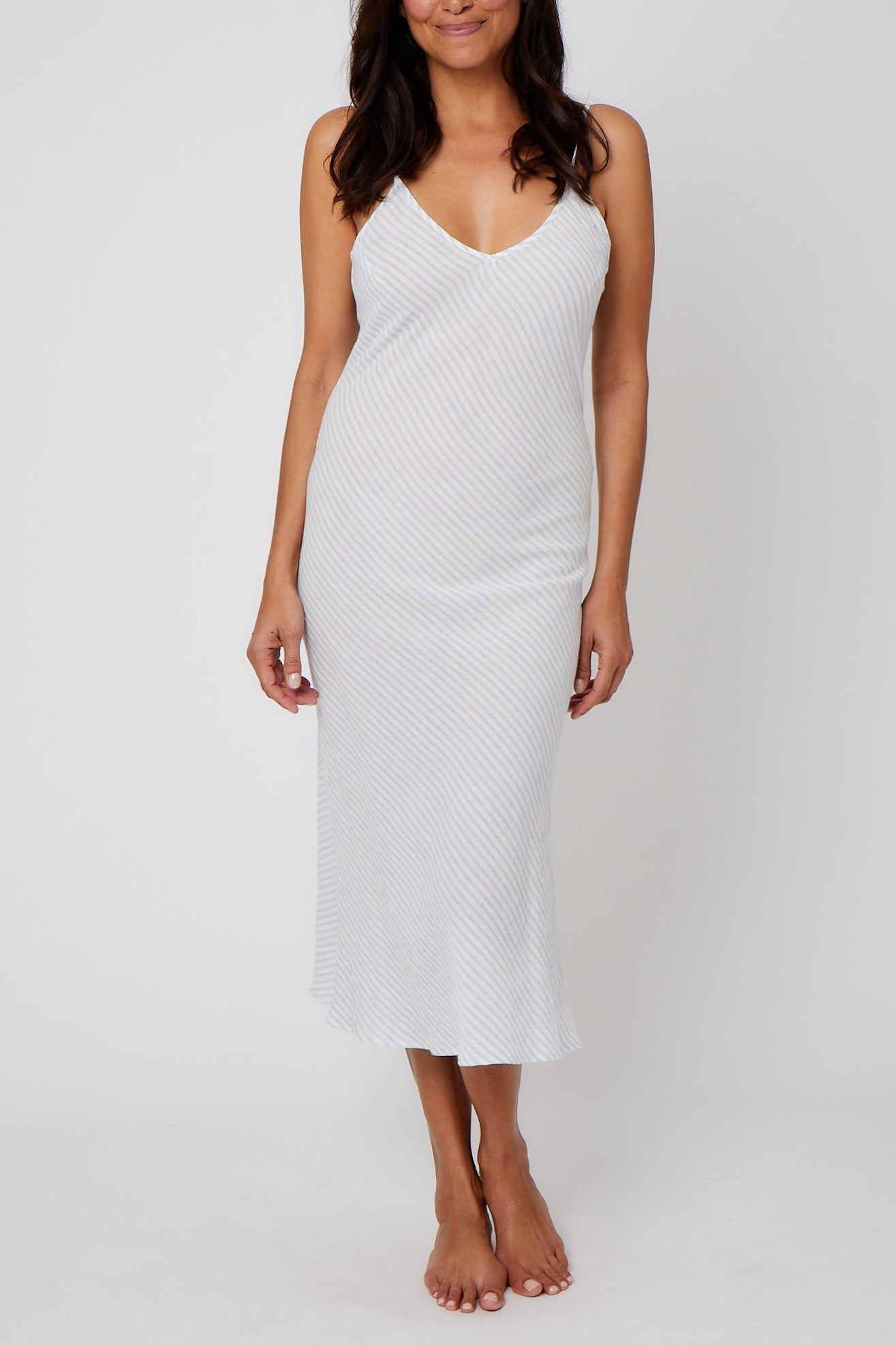 Long Organic Japanese Cotton Slip Dress - Blue Stripe