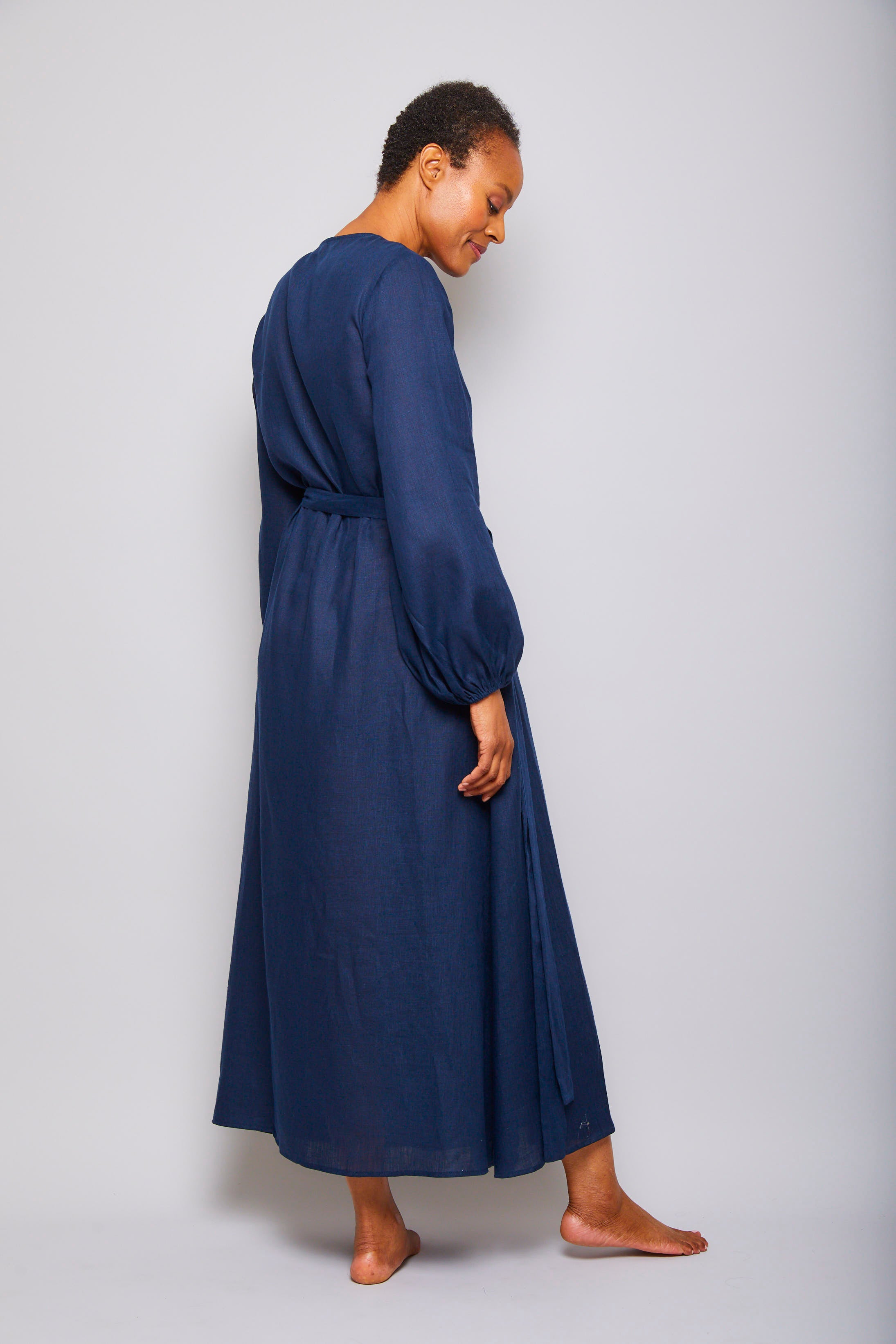 Long Linen Wrap Dress - Navy