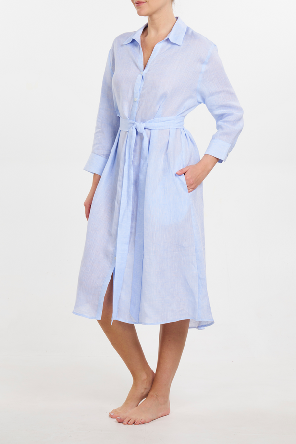 Linen Button Front Dress - Light Blue