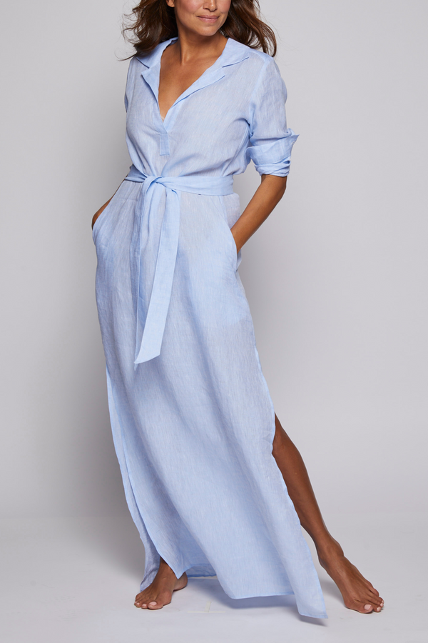 Long Linen Shirt Dress - Light Blue