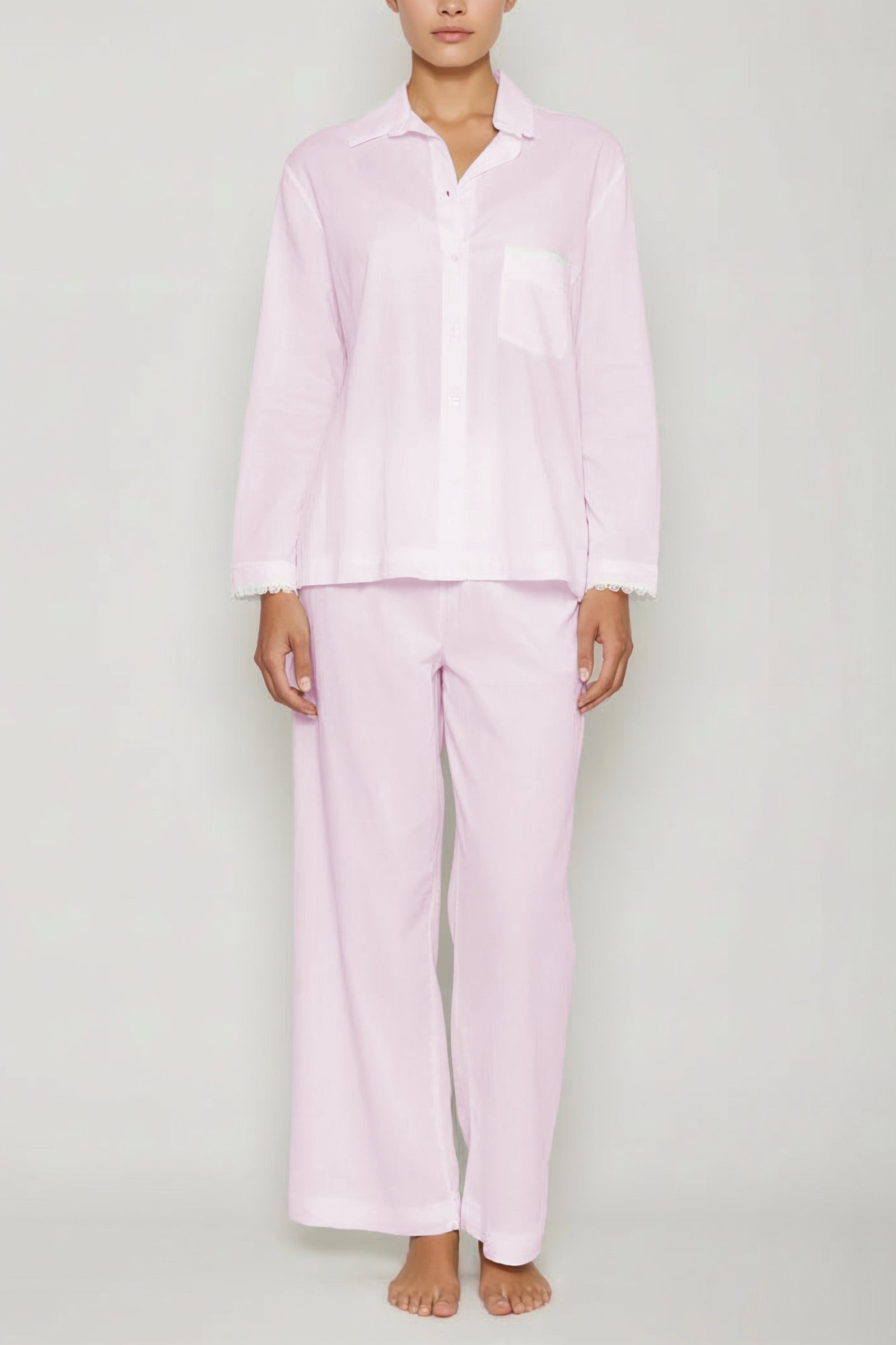 European Cotton Lace-Trim Pajama Set - Pink