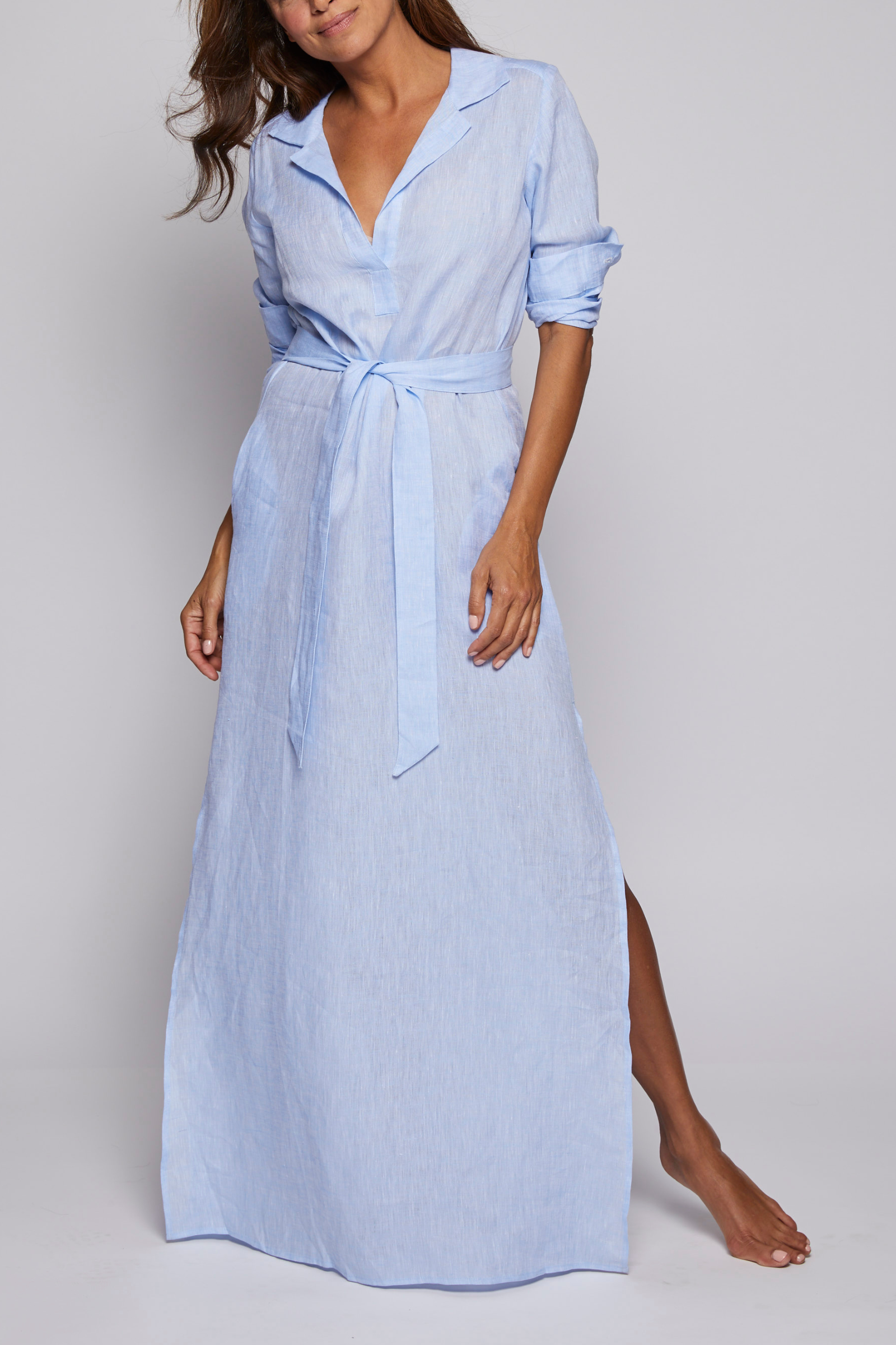 Long Linen Shirt Dress - Light Blue
