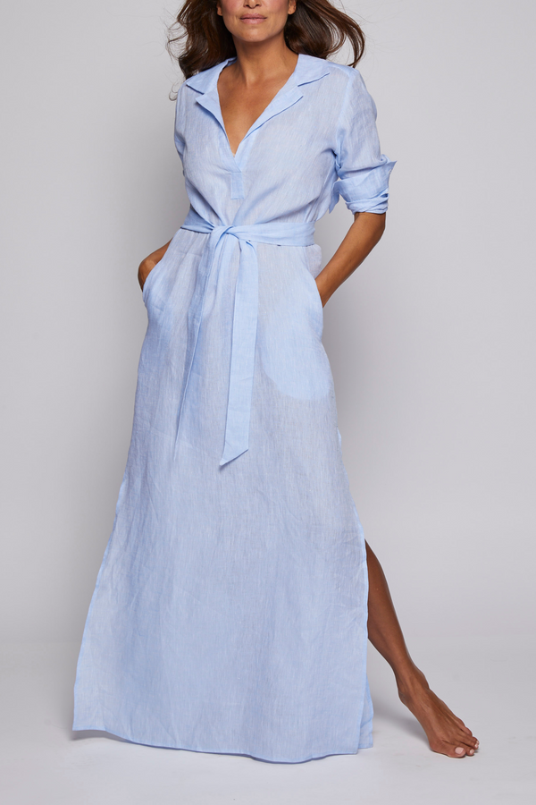 Long Linen Shirt Dress - Light Blue