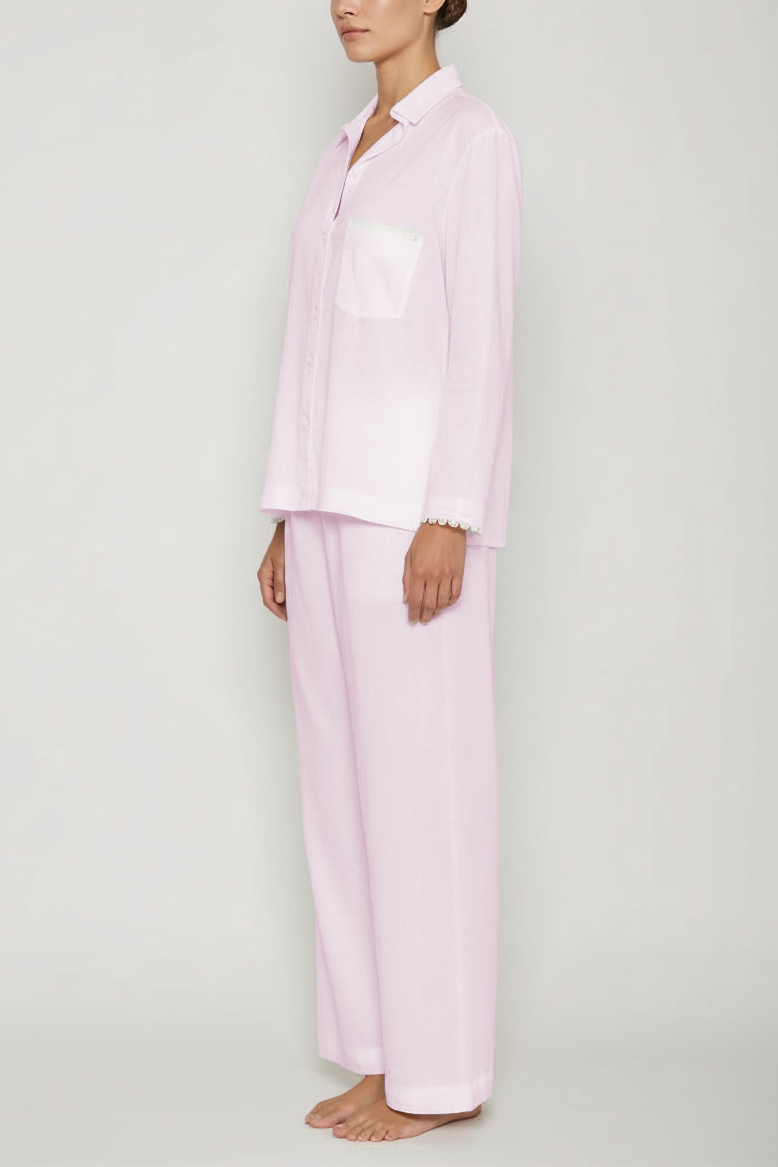 European Cotton Lace-Trim Pajama Set - Pink