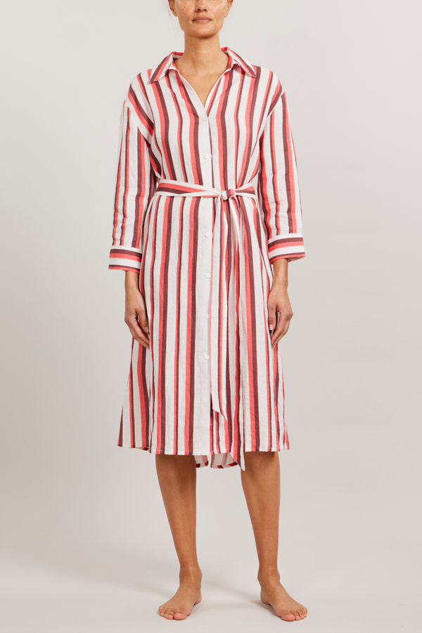 Button Front Dress with Belt - Amore Multi Stripe