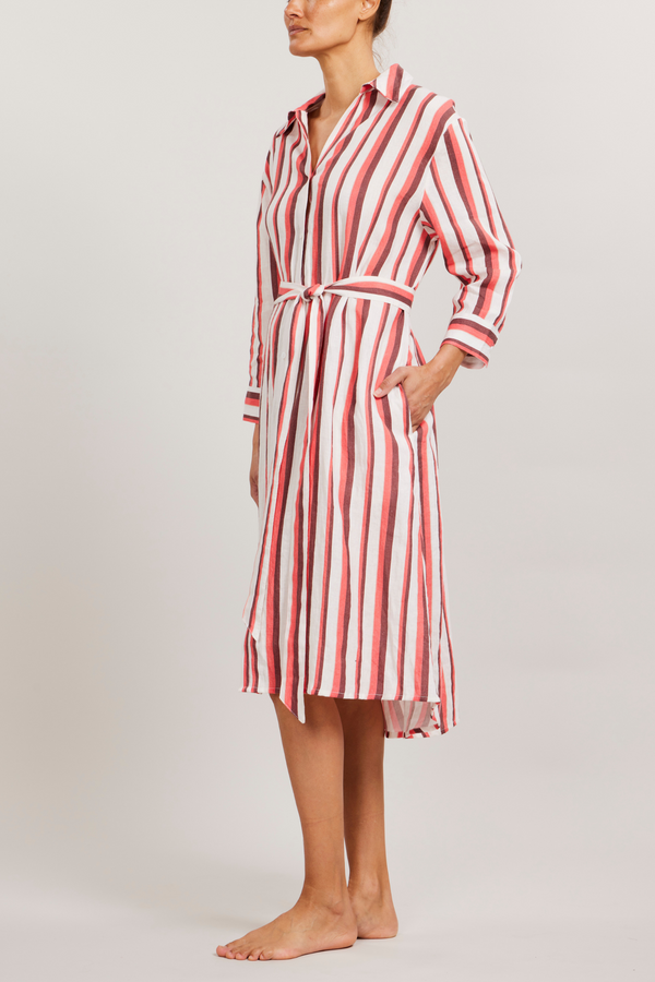 Button Front Dress with Belt - Amore Multi Stripe
