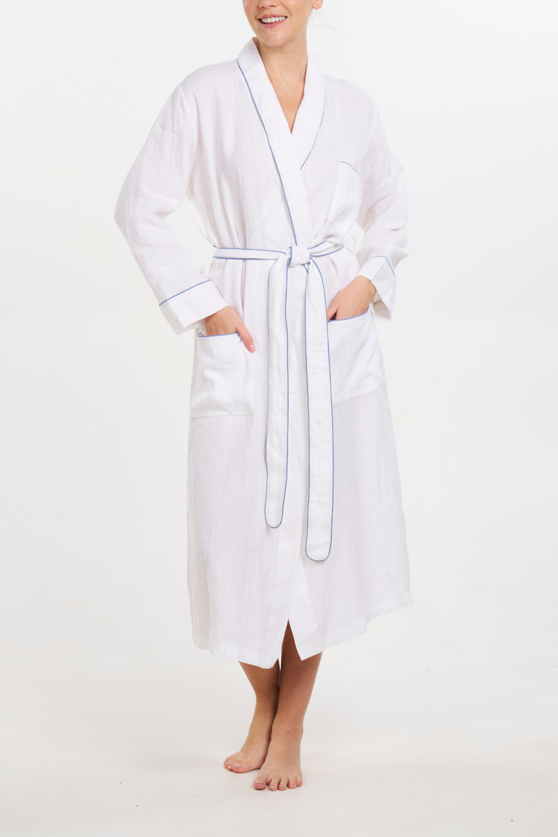 Linen Robe - Piped in Blue