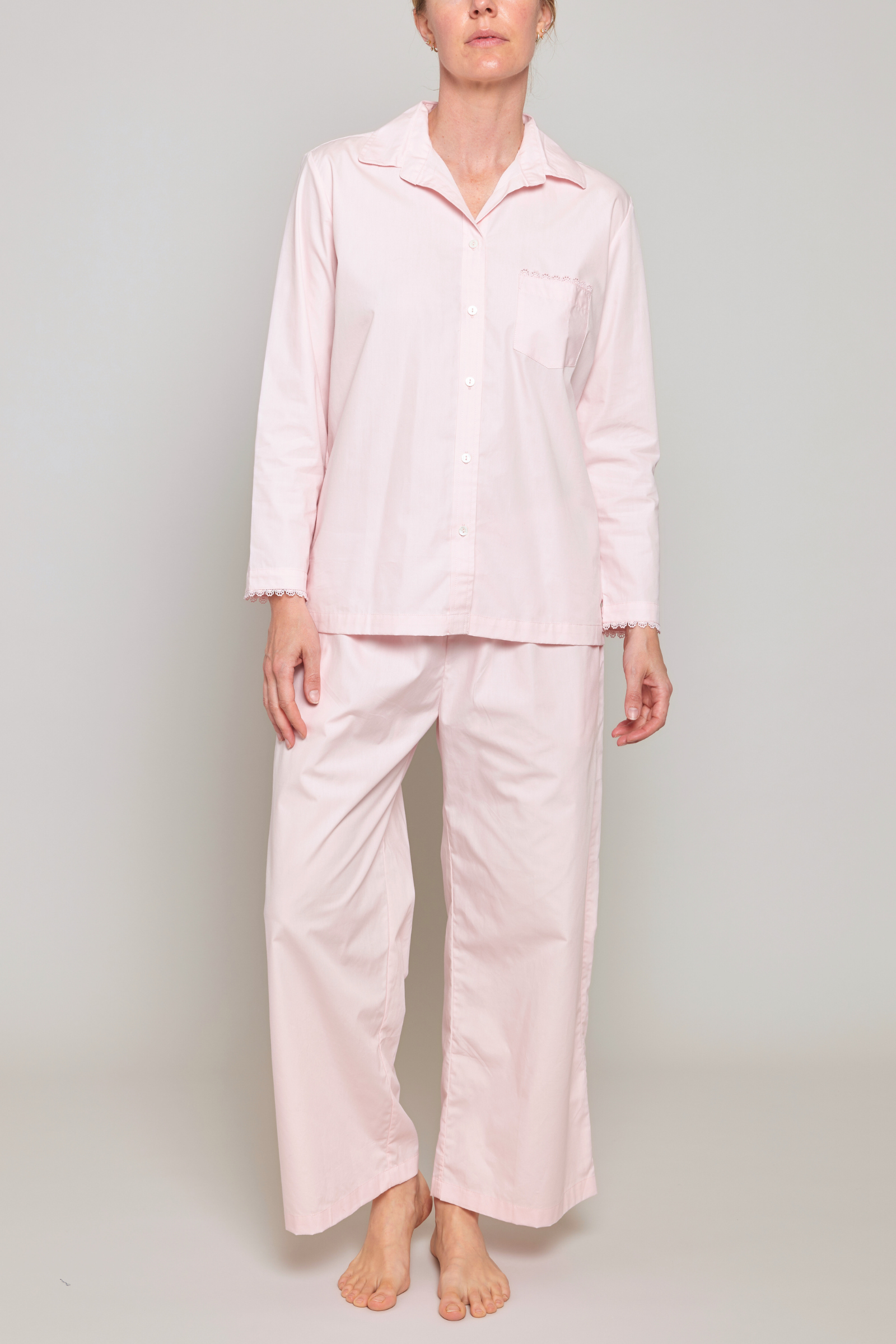 European Cotton Lace-Trim Pajama Set - Pink