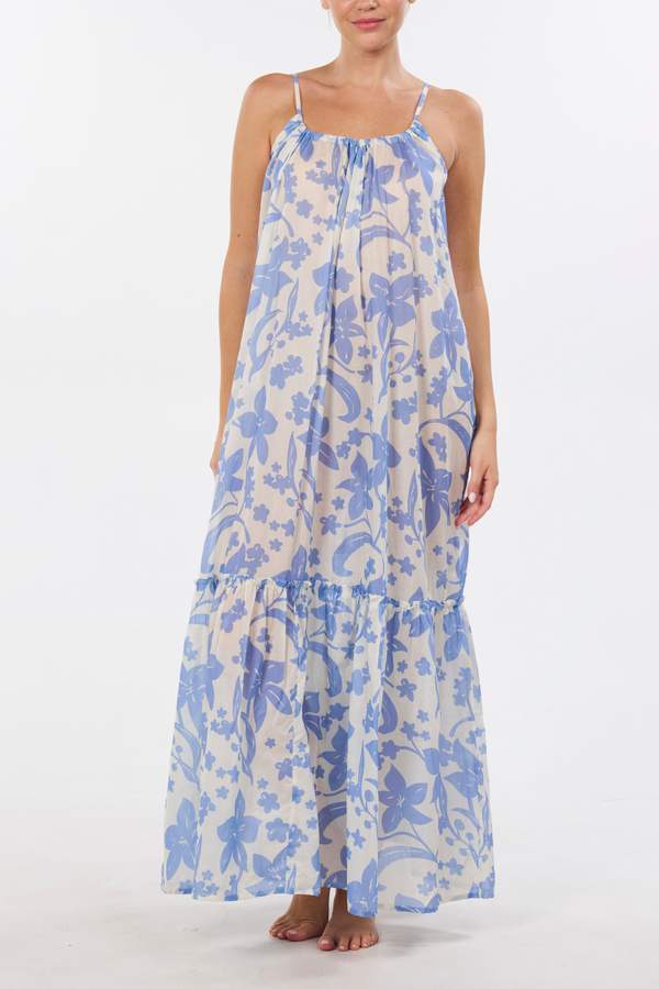 High-Low Ruffle Maxi Dress - Hawaiian Blue Print