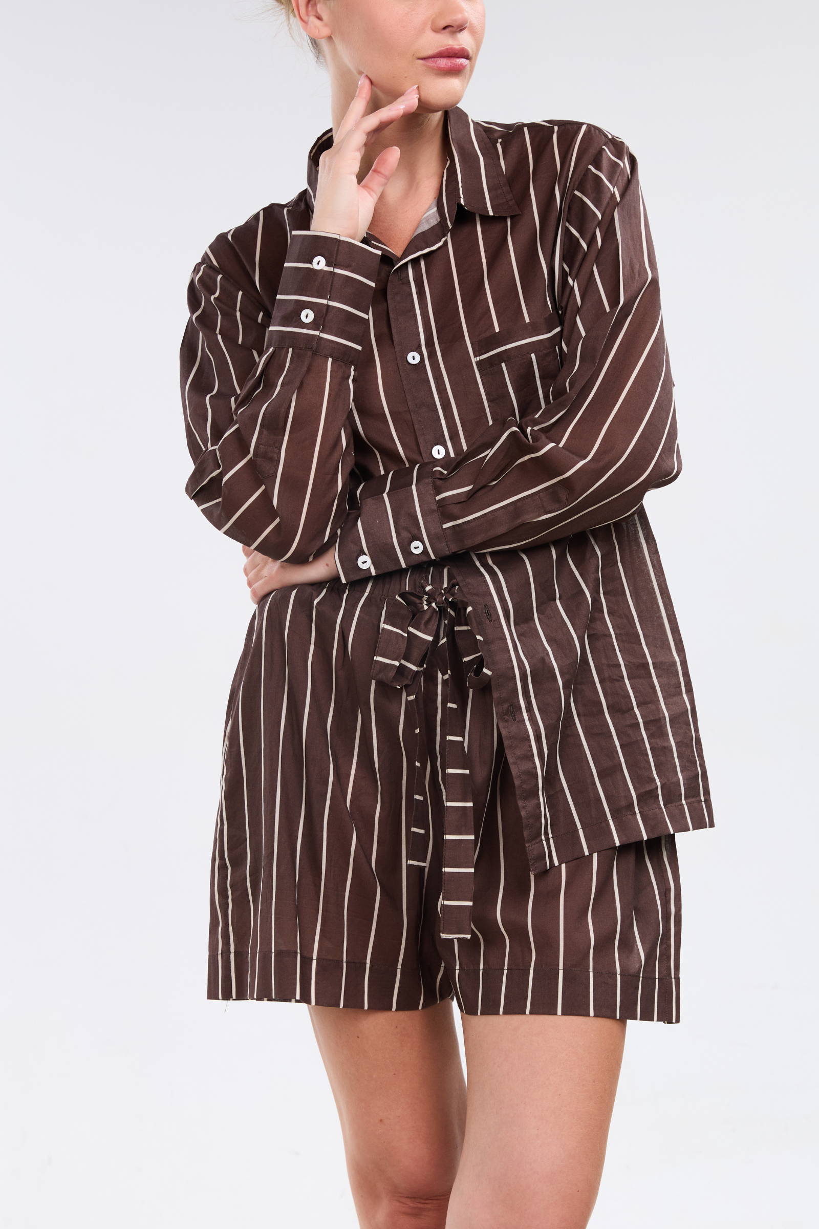 Long Sleeve Short Set - Mocha Stripe