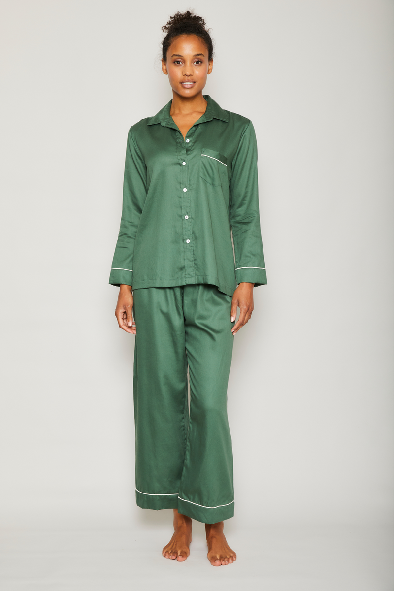 Evergreen Cotton Sateen Long Sleeve Pajama Set - Piped in Cream