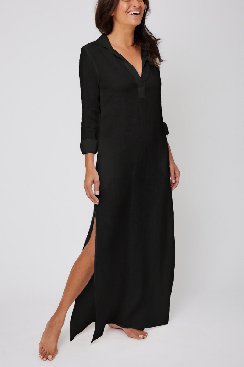 Long Linen Shirt Dress - Black