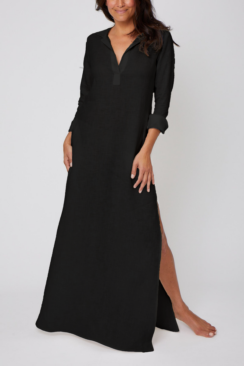 Long Linen Shirt Dress - Black