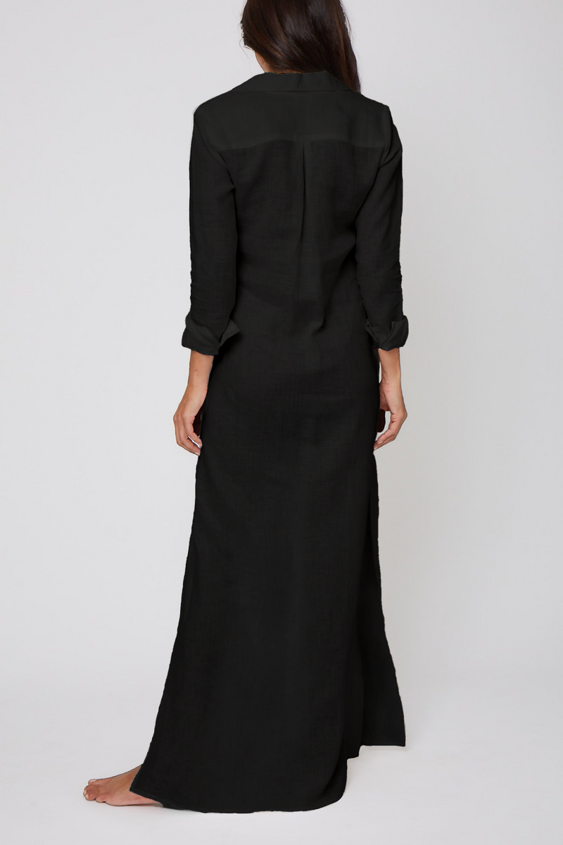 Long Linen Shirt Dress - Black