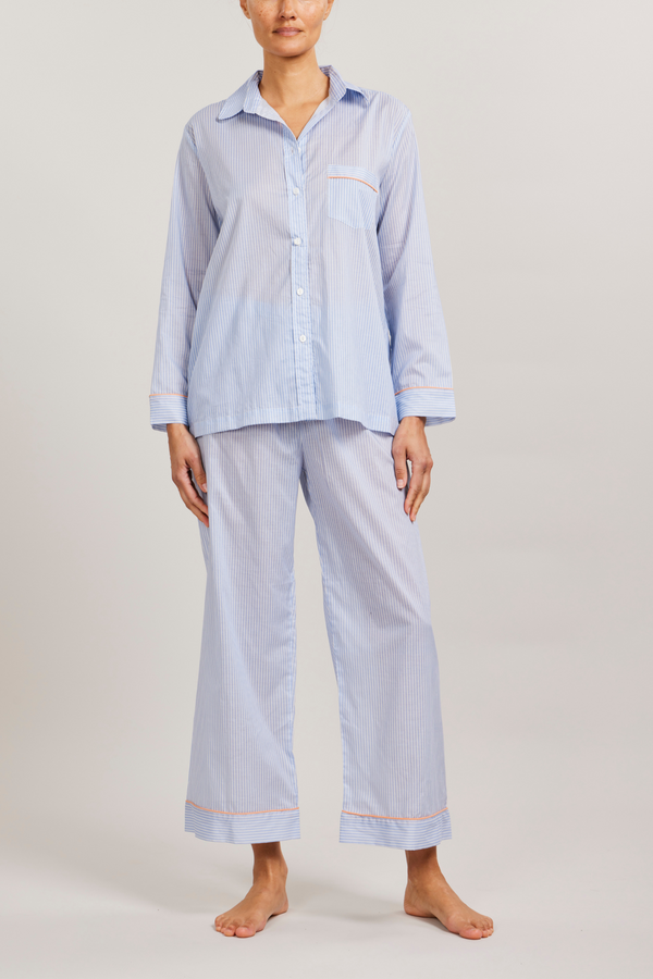 Long Sleeve PJ Set -Chambray Stripe Piped in Coral