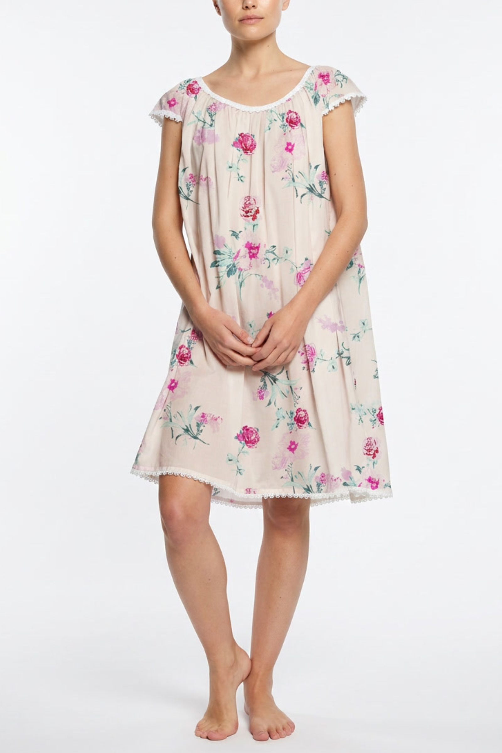 Cotton Nightgown with Flower Trim - Roses